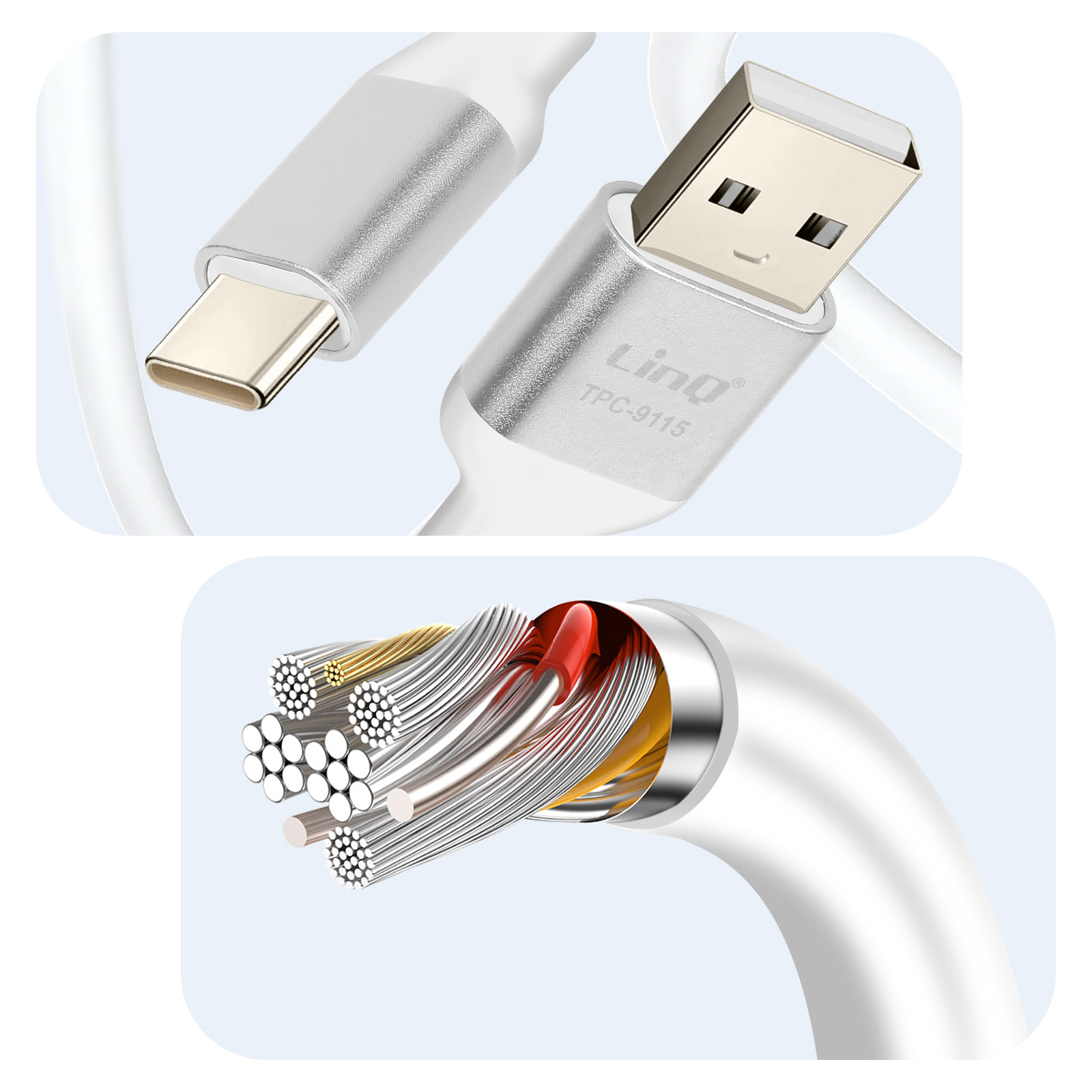 Câble USB-C vers USB blanc. La coupe du câble montre les fils à l'intérieur. Fond blanc.