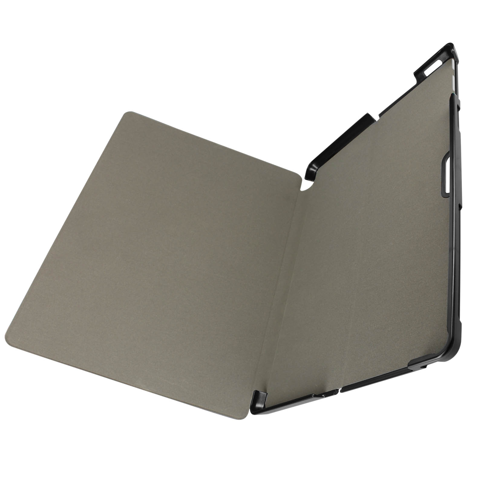 Étui de tablette ouvert, intérieur gris, cadre noir. L'étui est ouvert, incliné sur fond blanc.