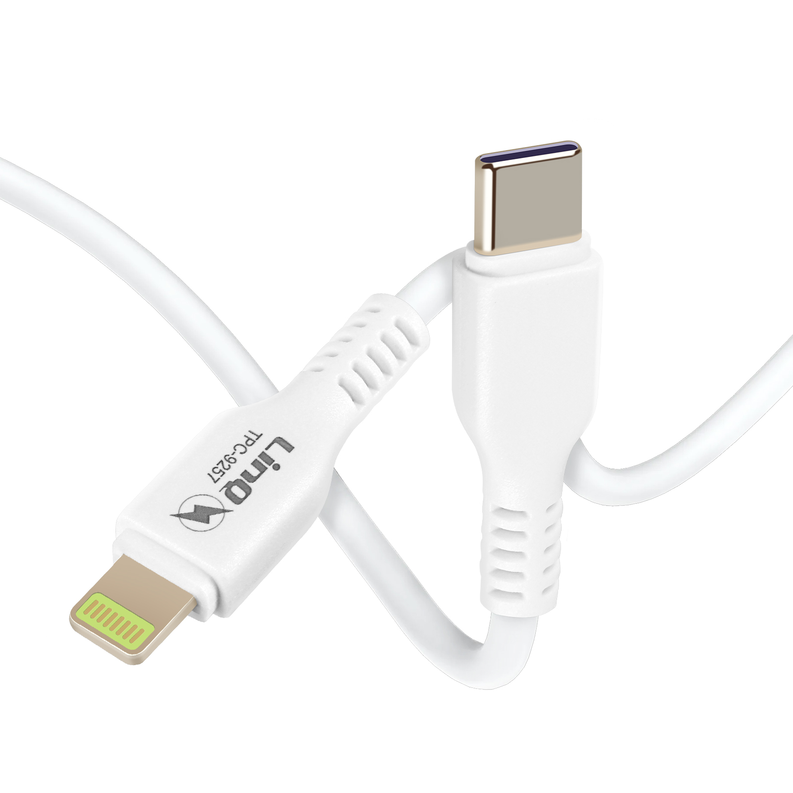 Weißes Ladekabel mit Lightning-Anschluss und USB-C-Anschluss, abgewinkelt. Das Kabel ist weiß.