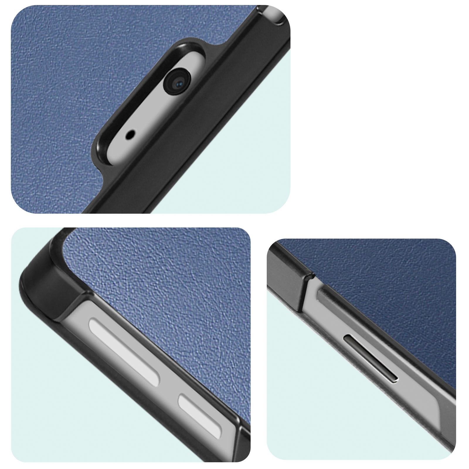 Gros plan sur un étui de téléphone noir avec une découpe pour la caméra. Fond bleu.