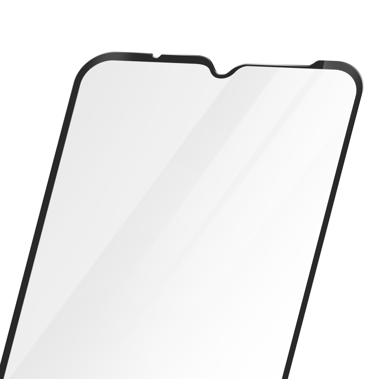 Primo piano di una protezione per lo schermo con bordi neri e display chiaro.
