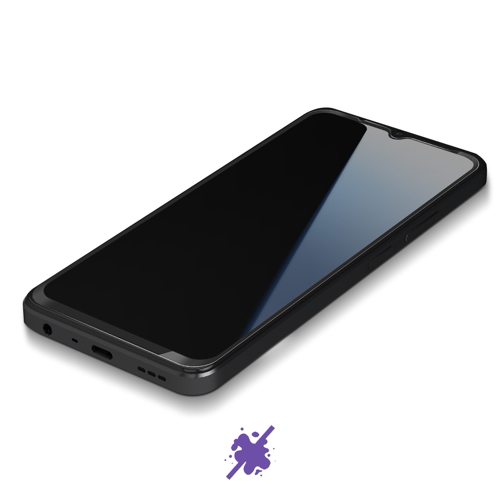 Smartphone nero su superficie bianca. Lo schermo è nero, angolato.