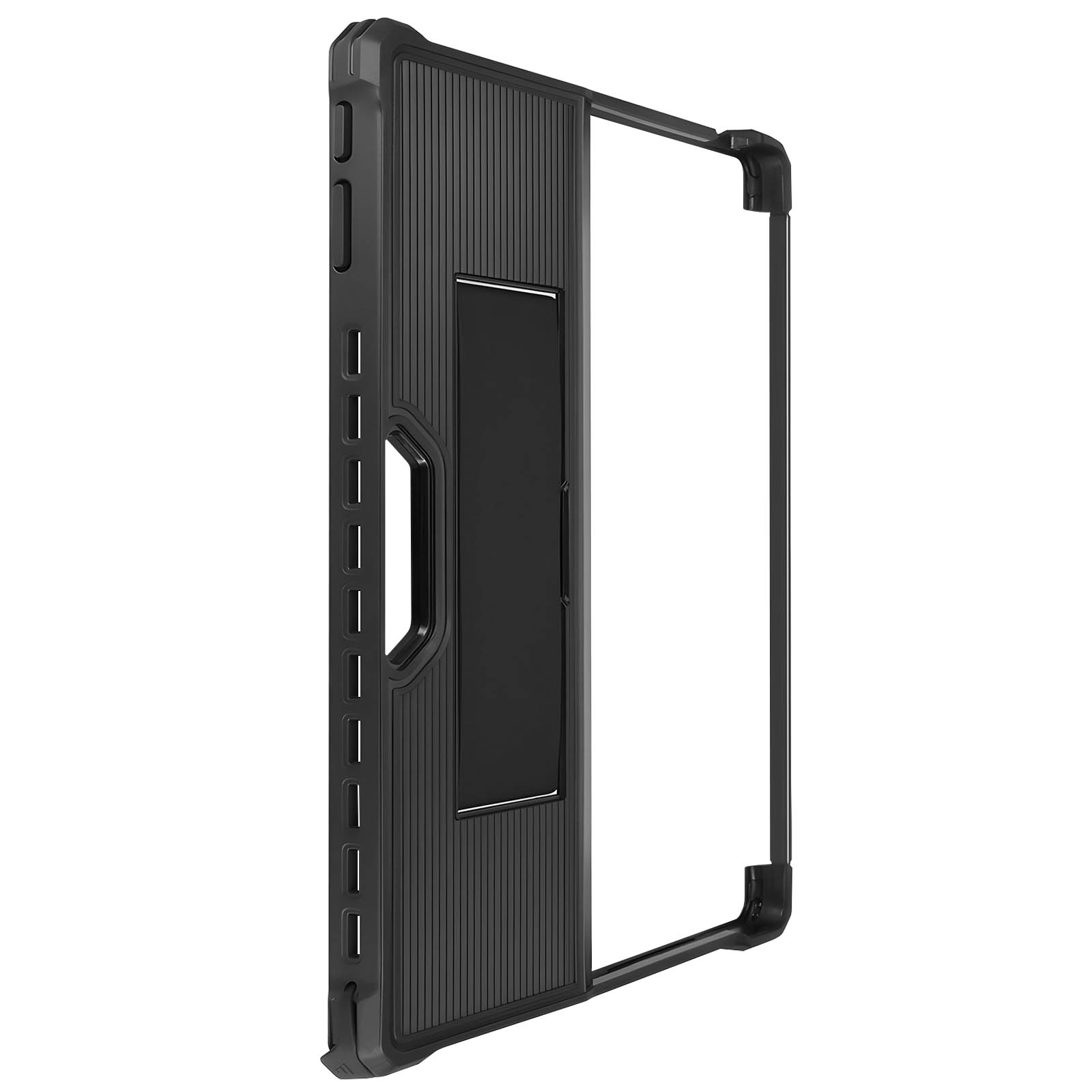 Custodia per tablet nera con supporto. La custodia è di lato, mostrando una protezione per schermo trasparente.