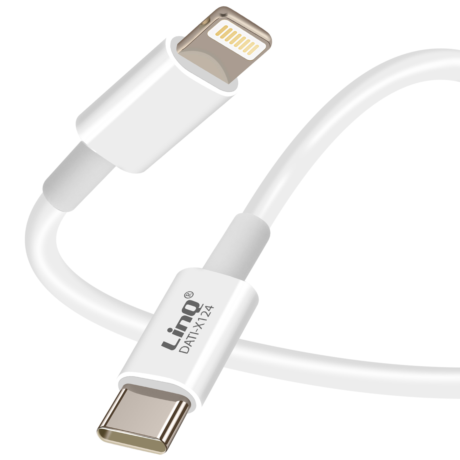 Weißes Ladekabel mit Lightning- und USB-C-Anschlüssen, mit 'Linq'-Branding.