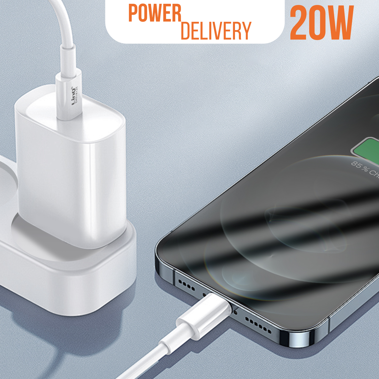 Ein weißes Ladegerät ist an ein Telefon angeschlossen, mit dem Text 'Power Delivery 20W' in einer orangefarbenen Box.