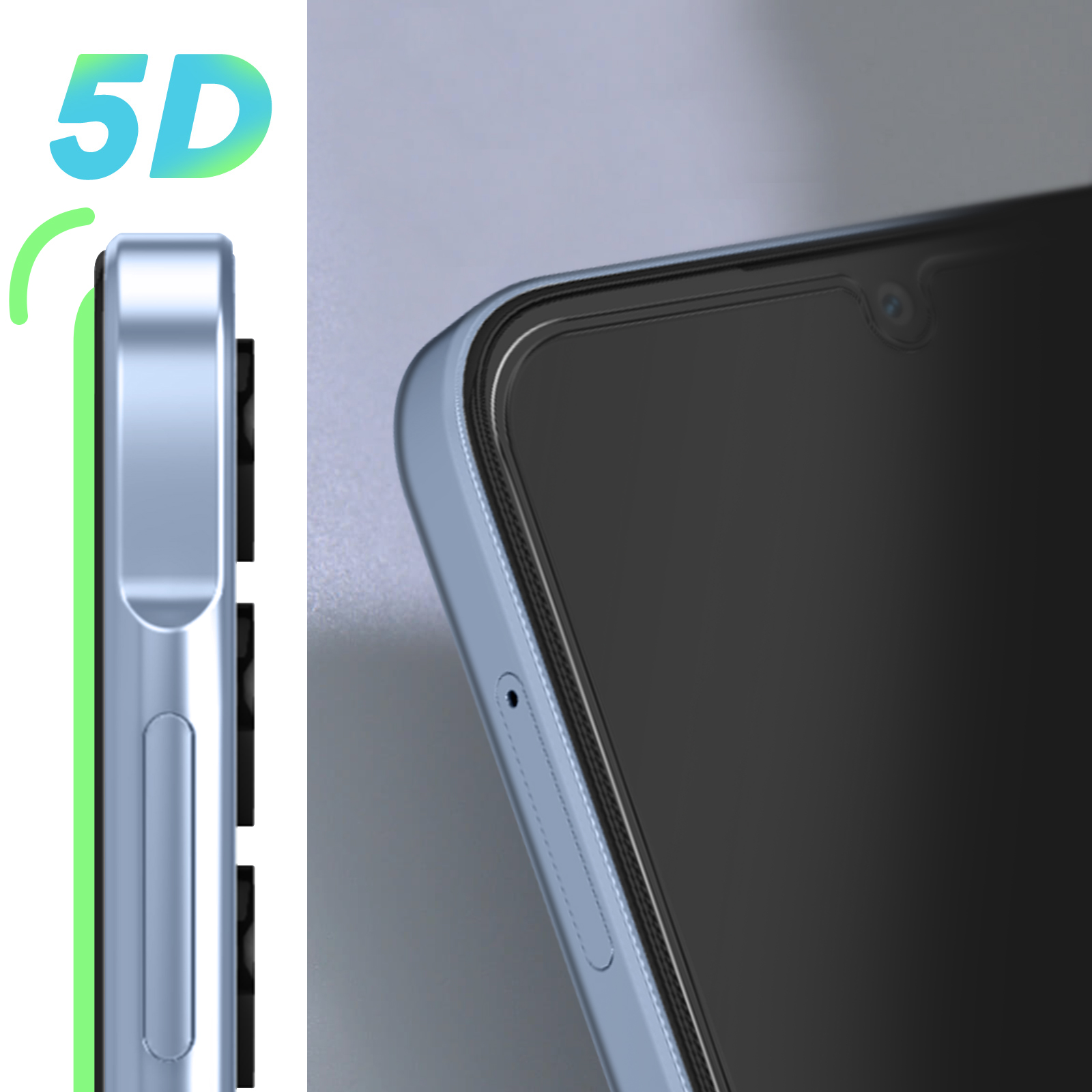 Gros plan d'un côté de smartphone bleu avec des boutons et un accent vert.