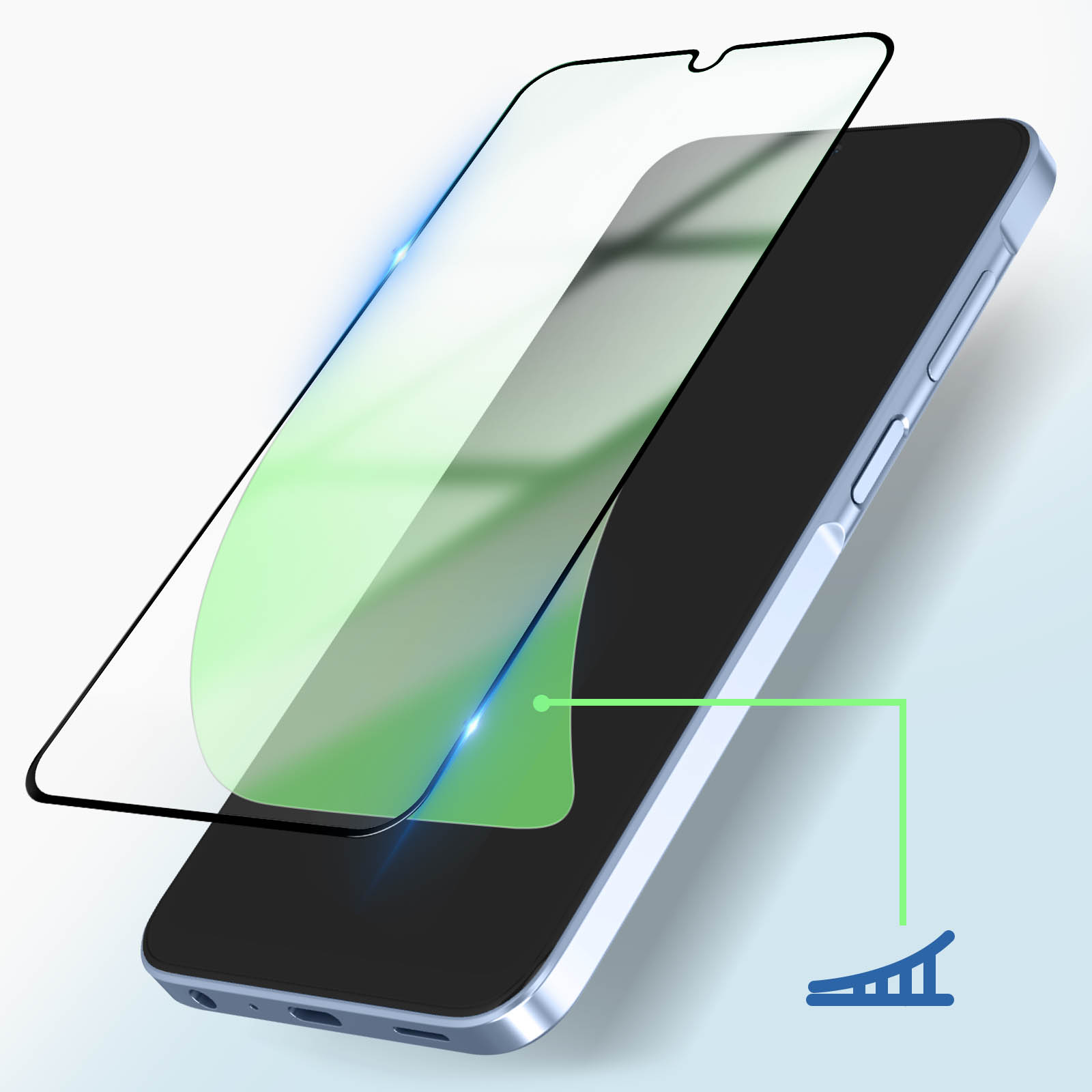 Un téléphone et un protecteur d'écran superposé. Le protecteur est transparent et teinté de vert.