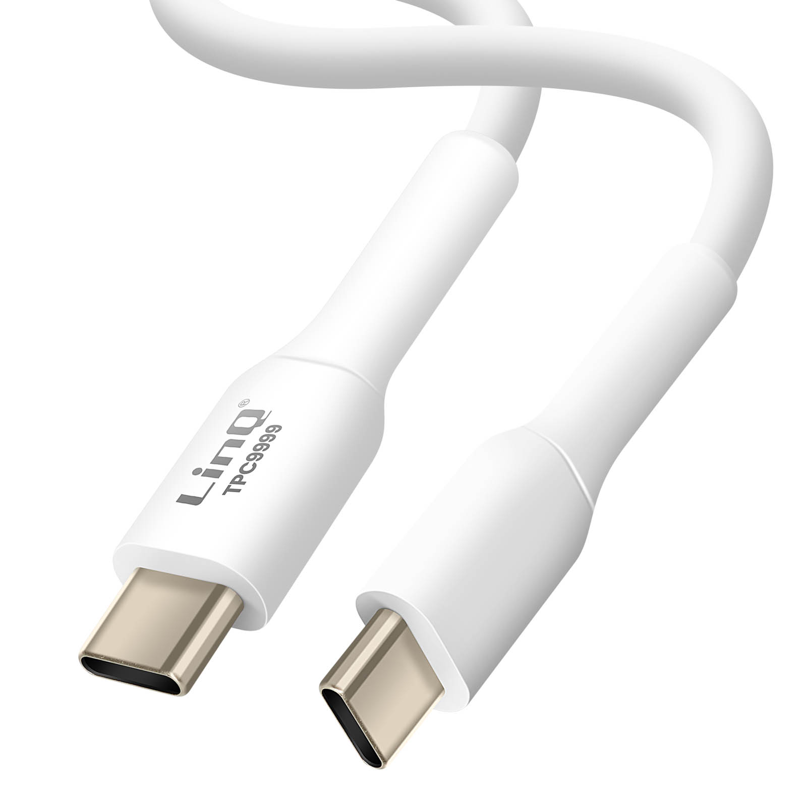 Un cavo USB-C bianco. Il cavo ha due connettori USB-C su entrambe le estremità.