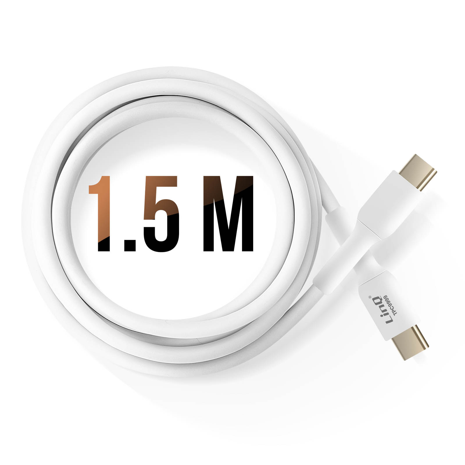 Un cavo bianco arrotolato, con il testo '1,5 M' e due connettori USB-C.