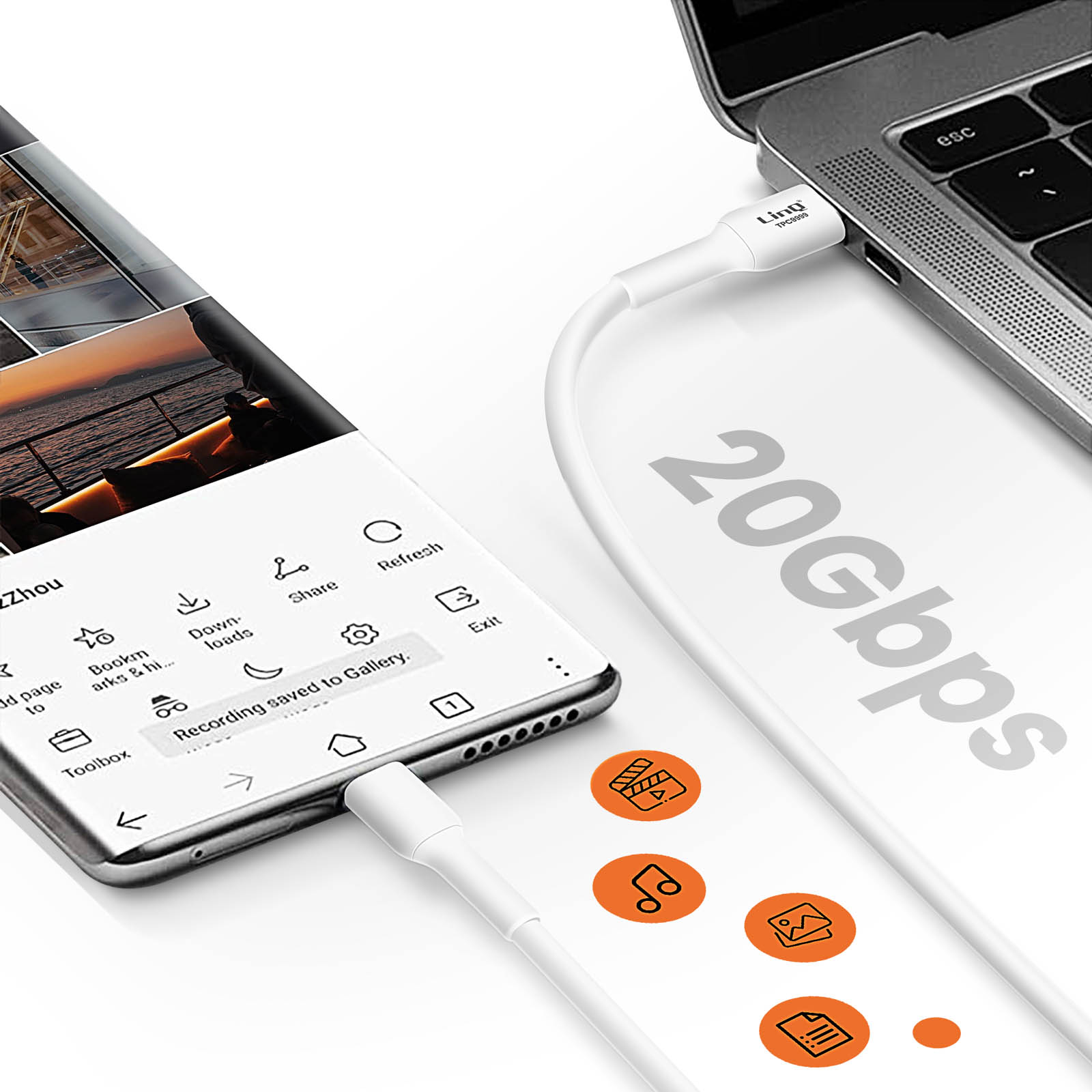 Un telefono è collegato a un laptop con un cavo bianco. Il testo dice 20 Gbps. Icone multimediali.