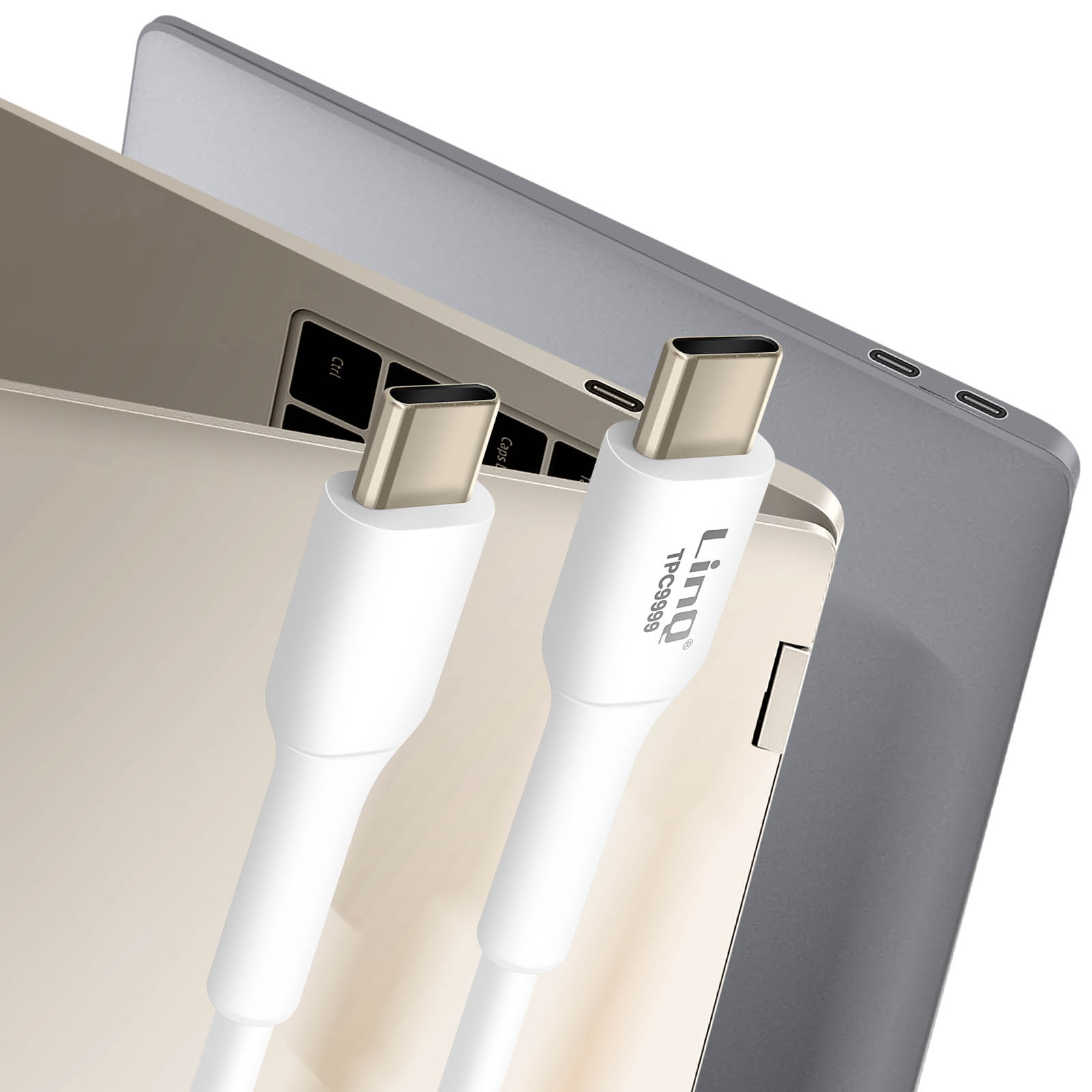 Due cavi USB-C bianchi collegati a un laptop, primo piano, design moderno.