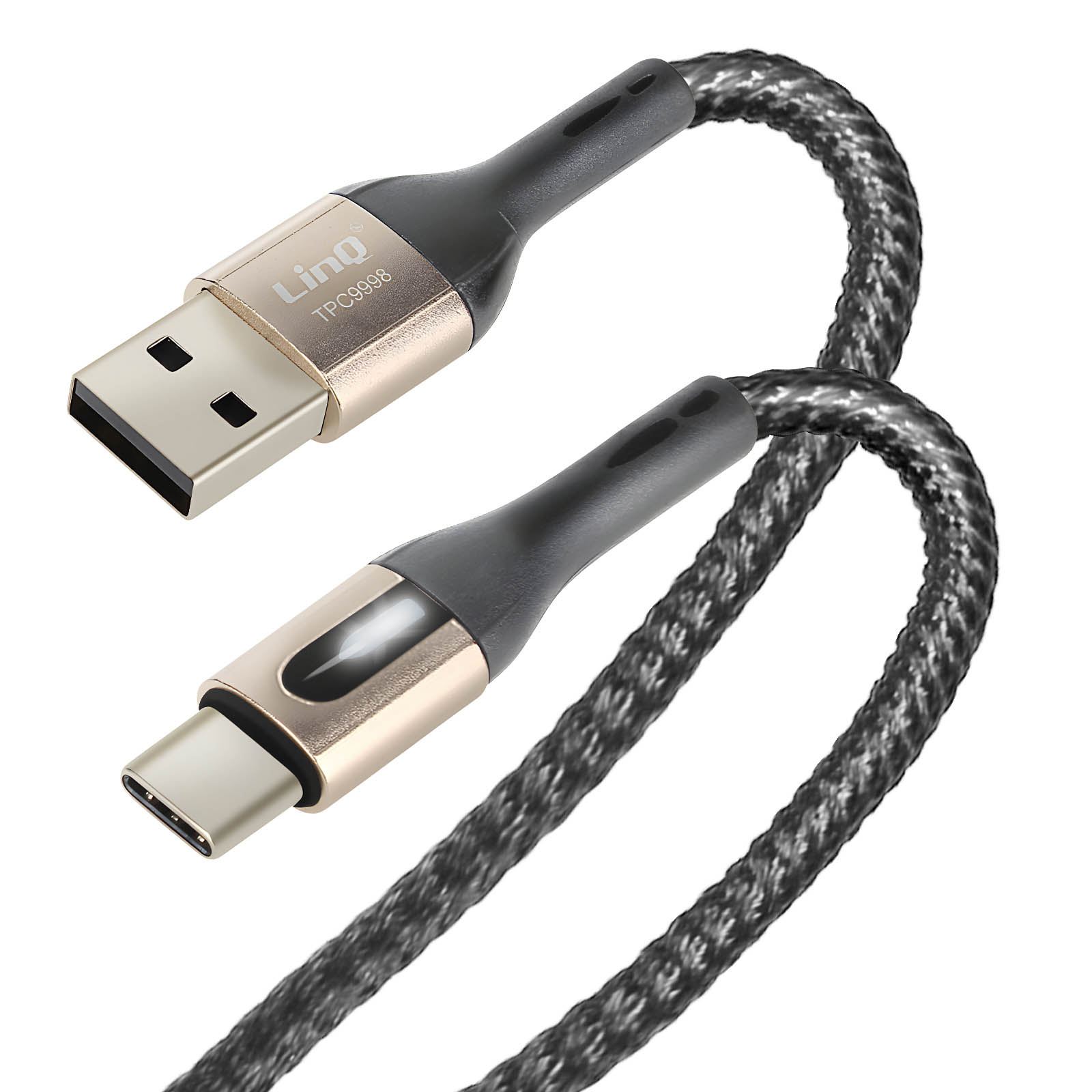 Cavo da USB-C a USB. Cavo intrecciato nero e grigio.