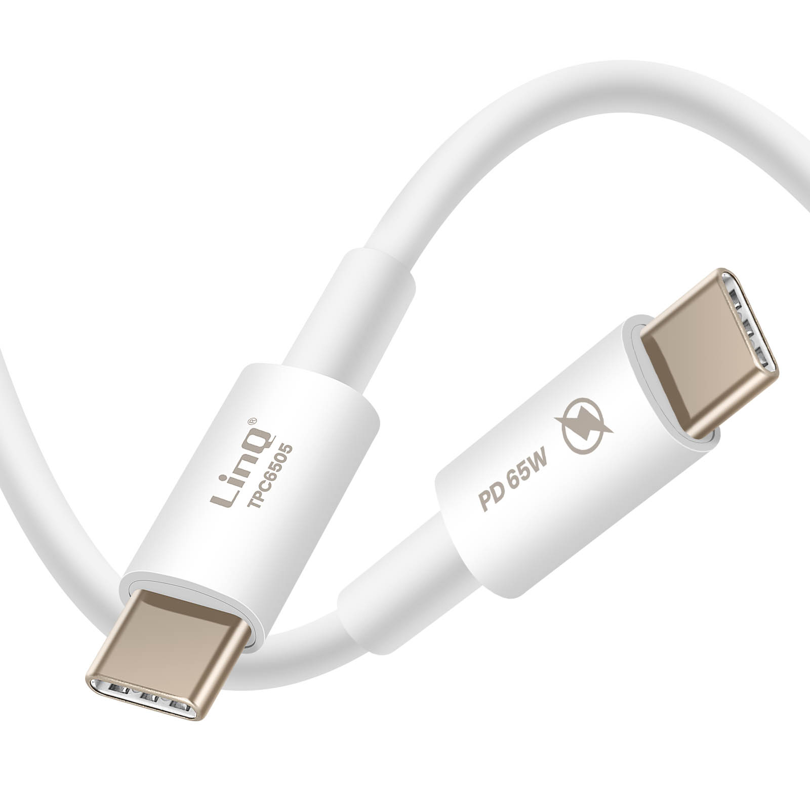 Cavo USB-C bianco con connettori, con marchio 'Linq' e 'PD 65W'. I connettori sono color oro.