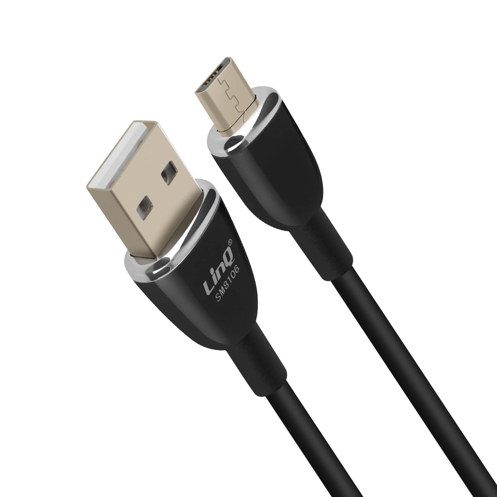 Cavo da USB-C a USB-A nero. Sfondo bianco.