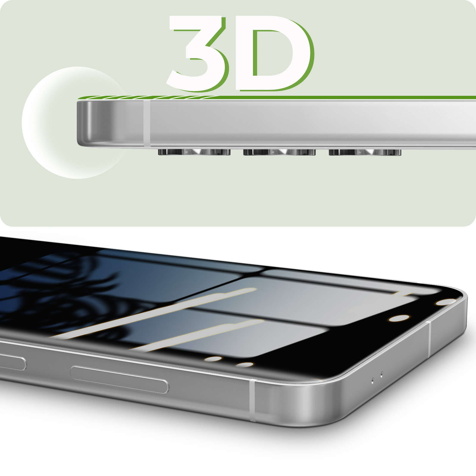 Telefono con protezione schermo. Telefono argento, schermo nero con testo bianco e testo 3D in alto.