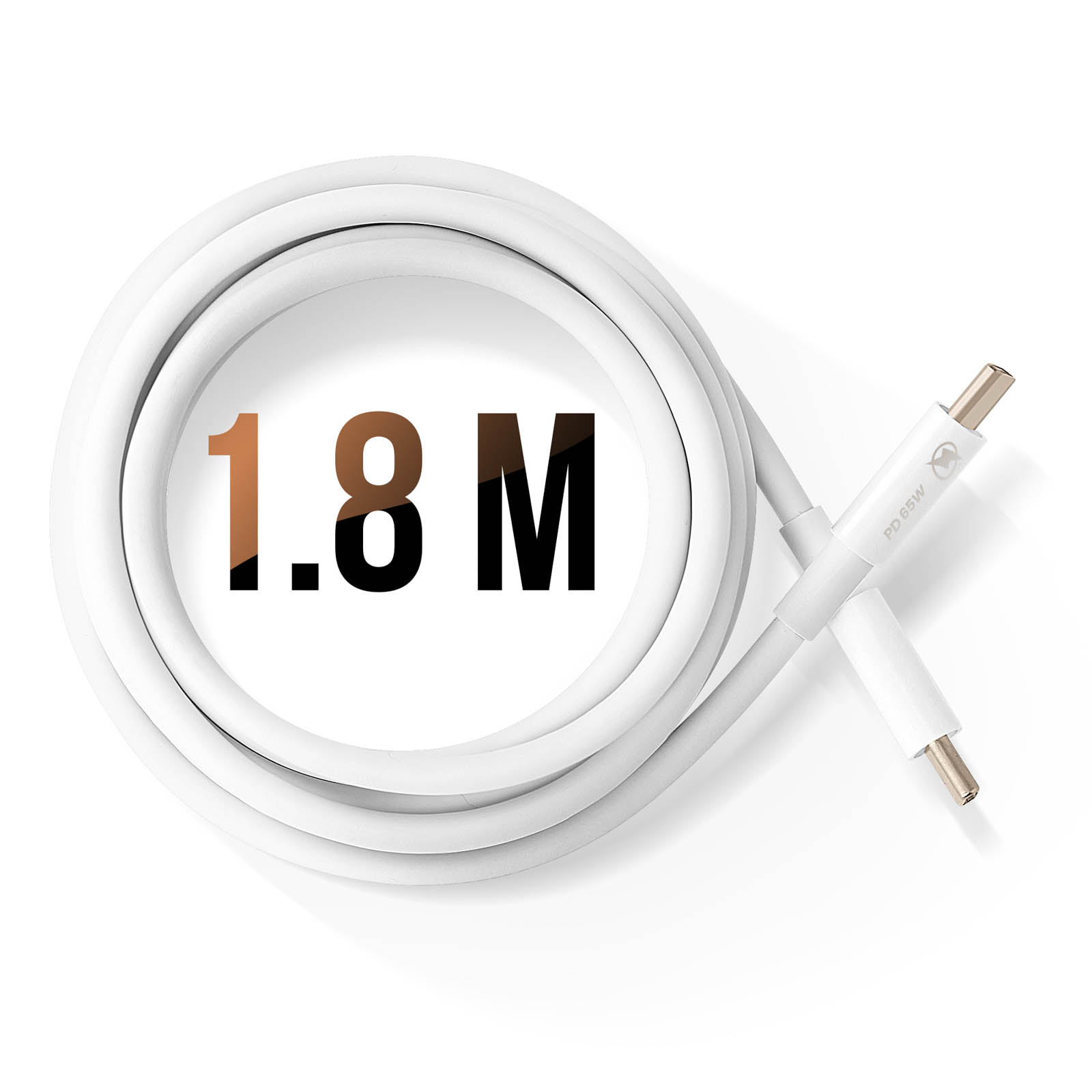 Cavo di ricarica bianco con un grande marchio da 1,8 M. Viene visualizzato anche il testo PD 65W.