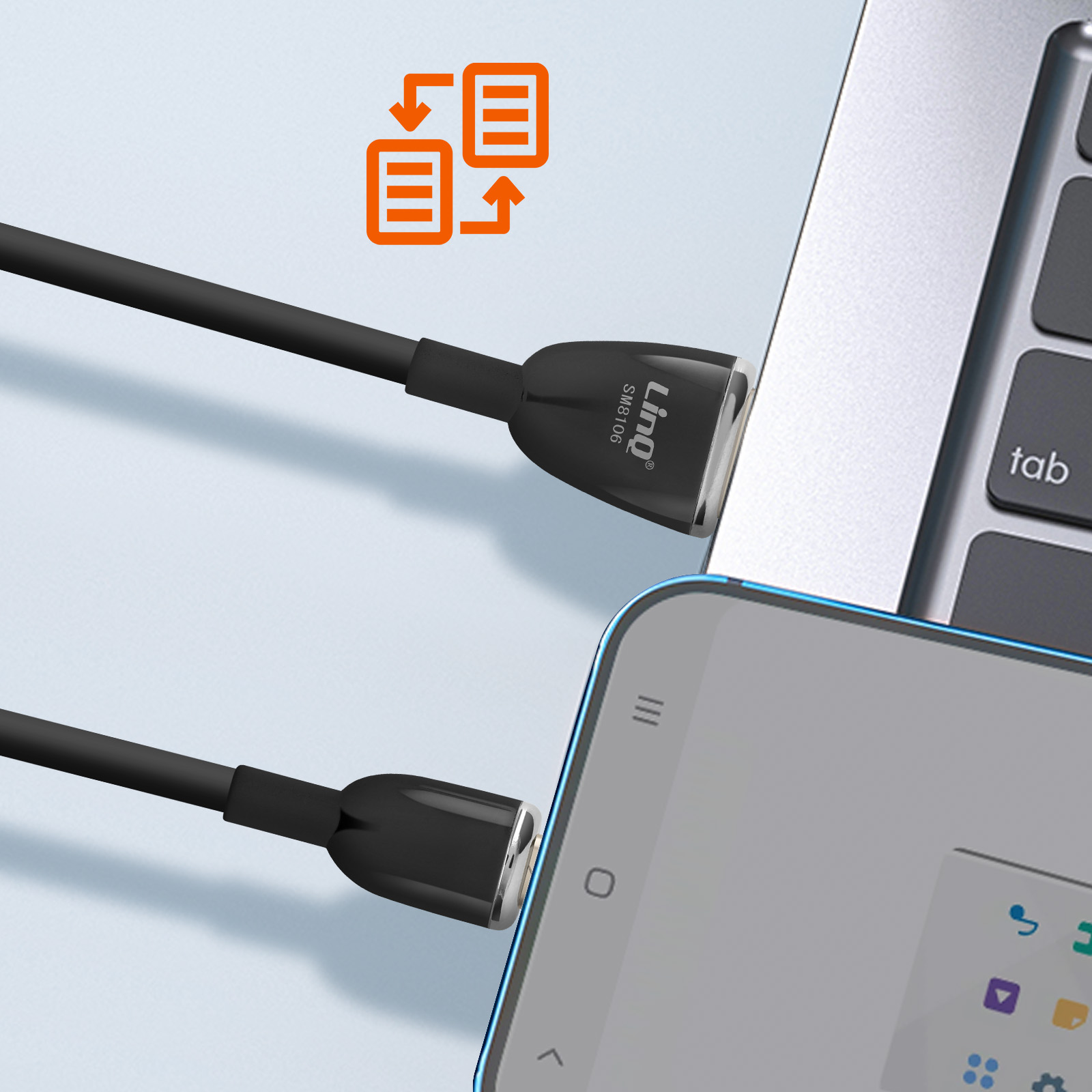 Un cavo di ricarica nero collegato a un telefono e a un laptop, con icone di trasferimento dati.