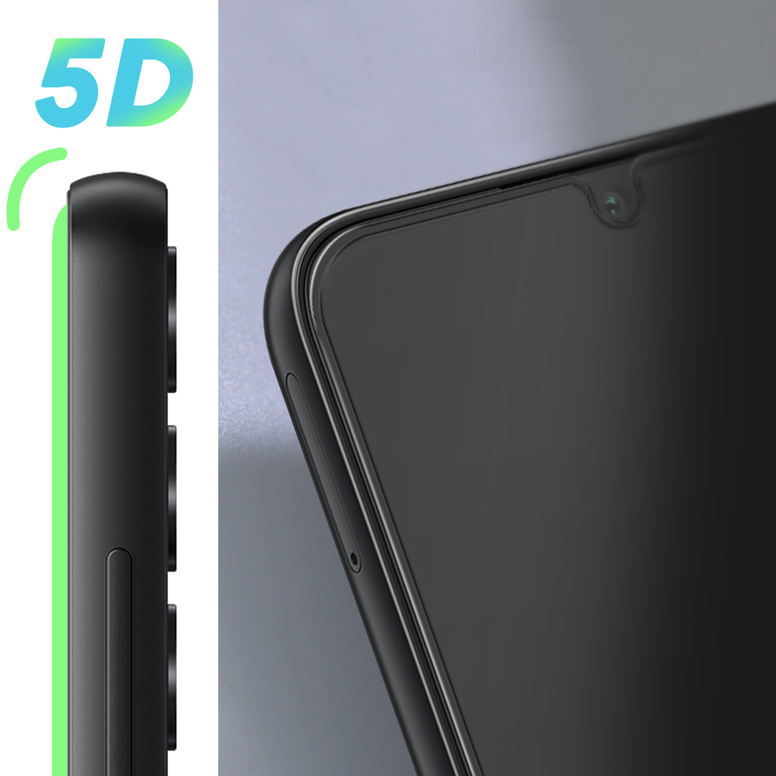 Primo piano dello schermo di un telefono con protezione 5D. I bordi sono verdi.