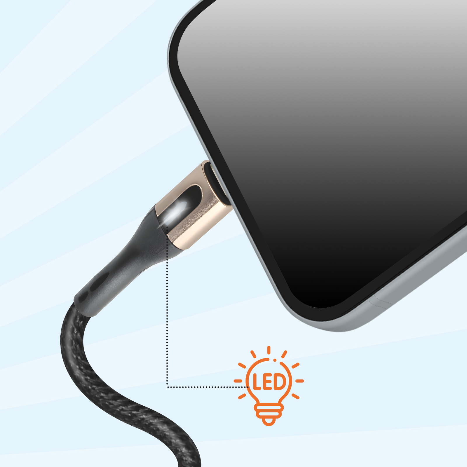 Cavo di ricarica nero collegato a un telefono. Icona di lampadina LED arancione visibile.