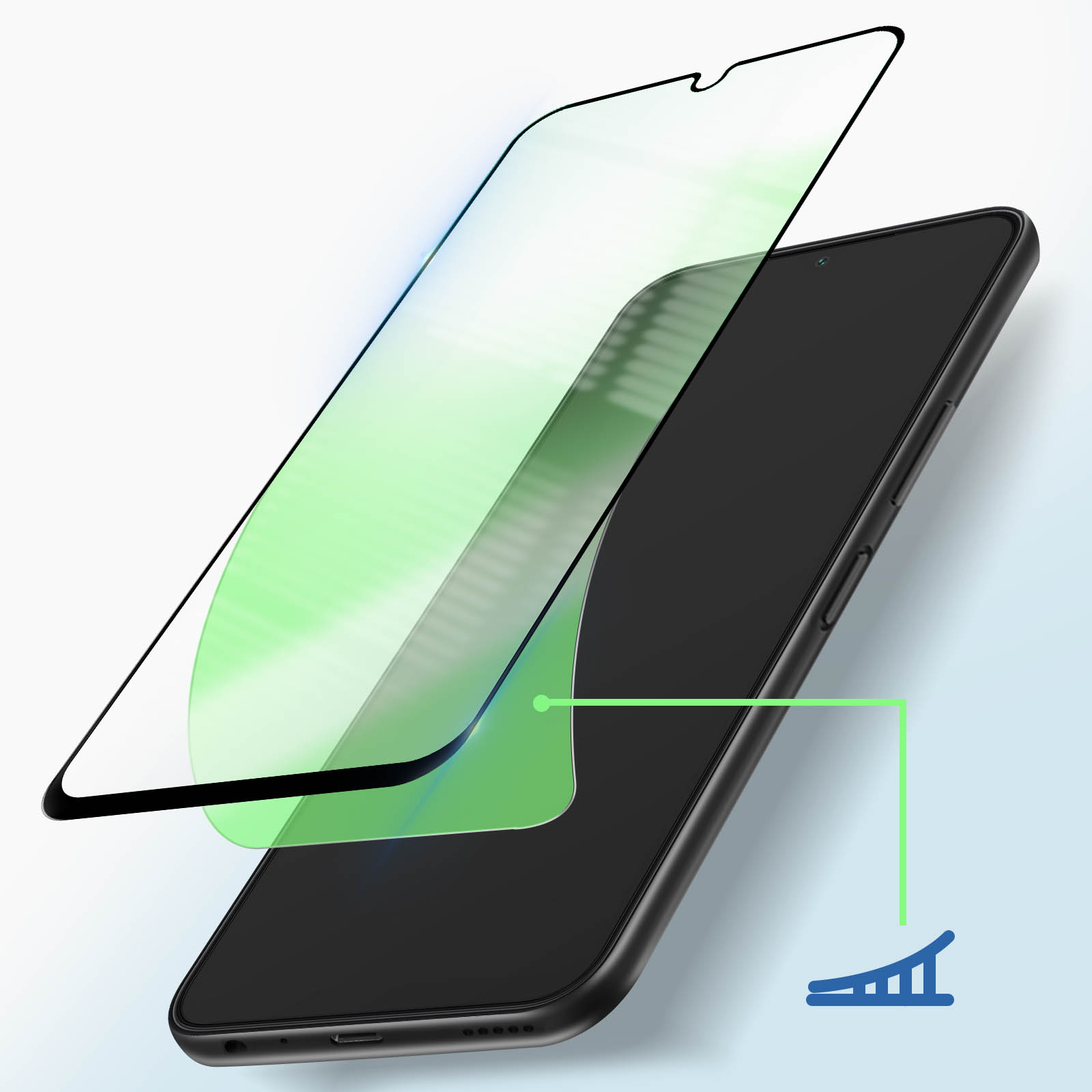 Un telefono con una protezione per lo schermo in applicazione, tinta verde visibile.
