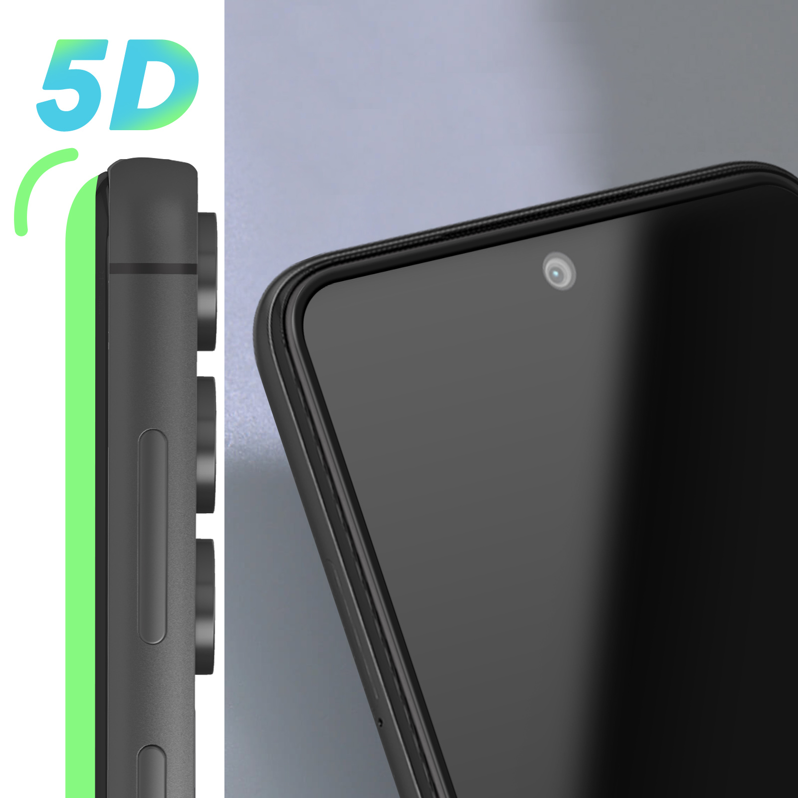 Uno smartphone nero con protezione schermo 5D. Accento verde laterale.