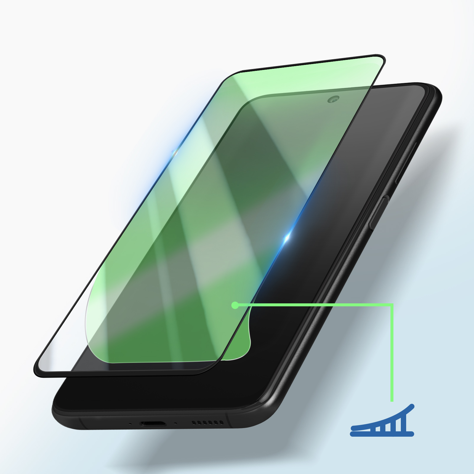 Schermo smartphone con protezione. Area verde evidenziata. Sfondo sfumato blu.