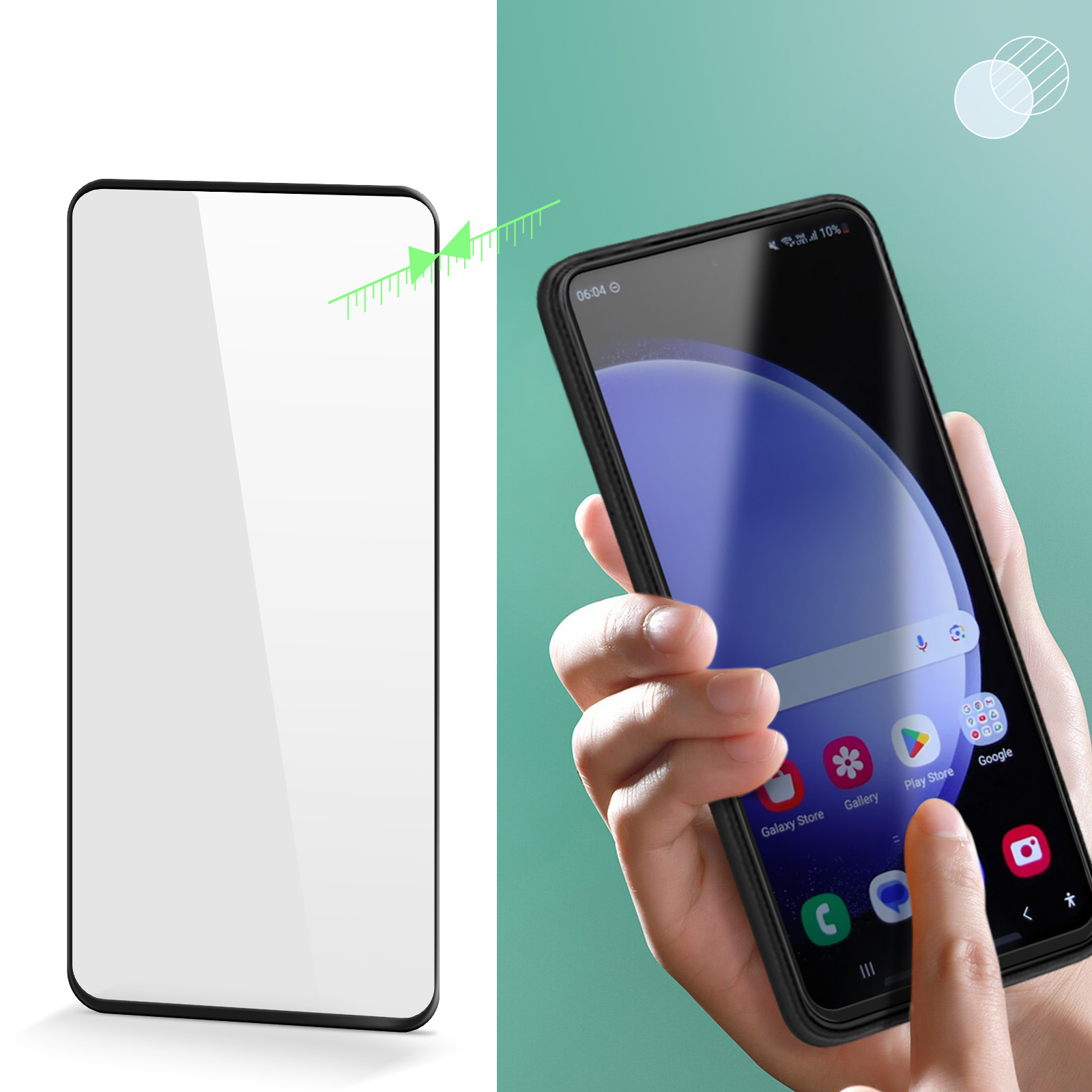 Mano che tiene un telefono con una protezione per lo schermo. Lo schermo mostra le icone delle app.