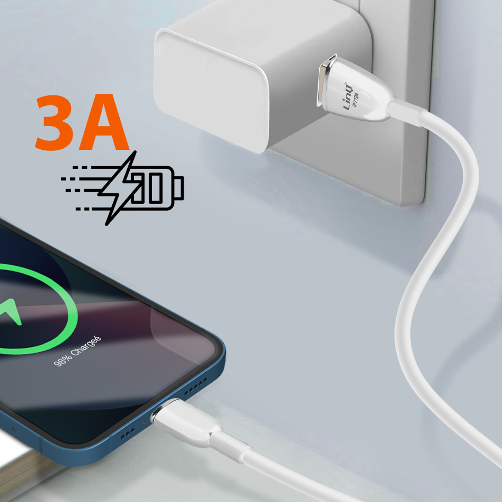 Téléphone en charge avec un câble et un chargeur blancs. Affiche 96% chargé et 3A.