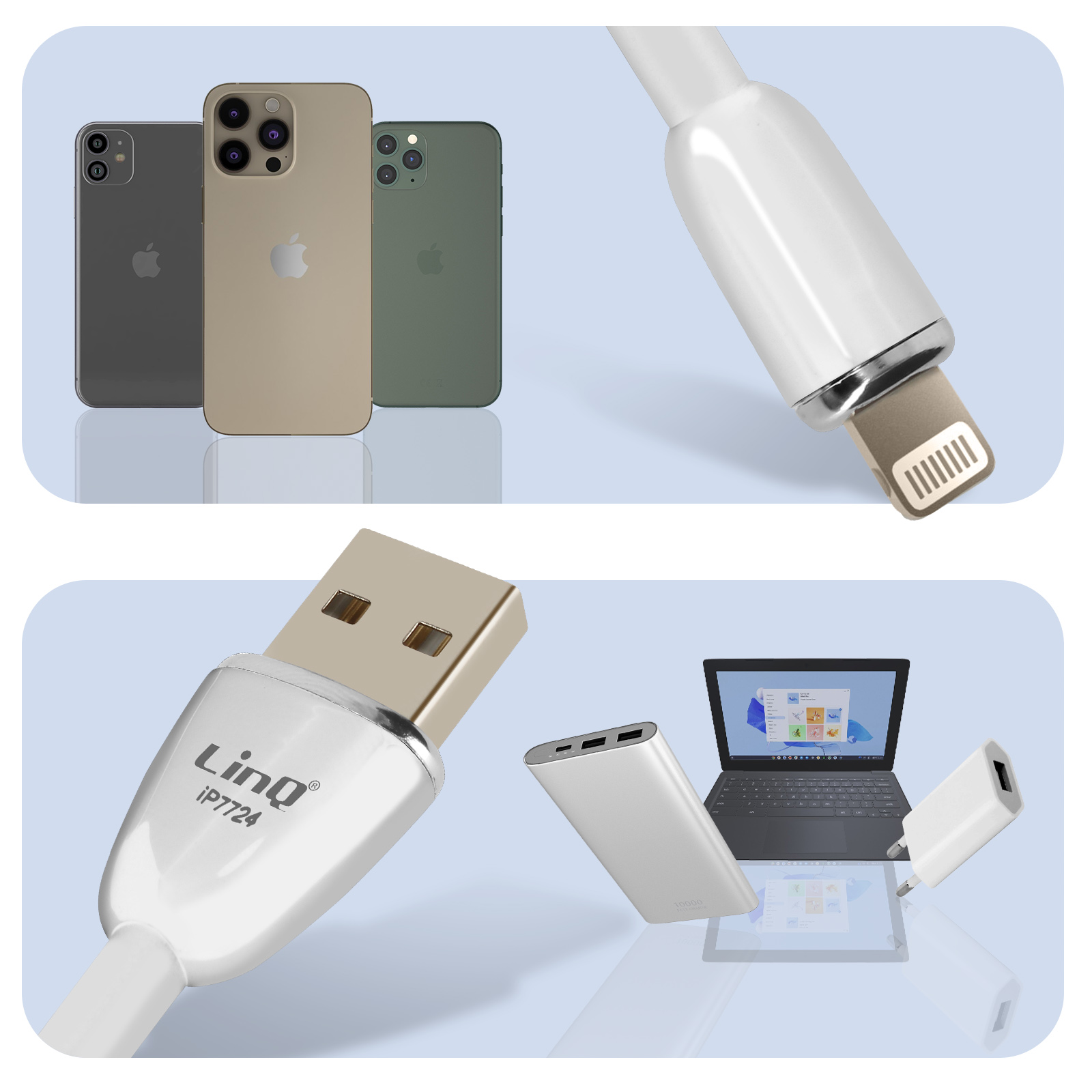 Trois iPhones, un câble de charge blanc avec connecteur Lightning et un câble USB.