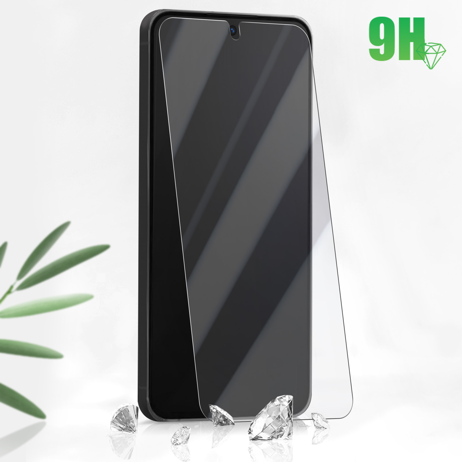 Un telefono nero con protezione schermo e diamanti. Il testo dice 9H.