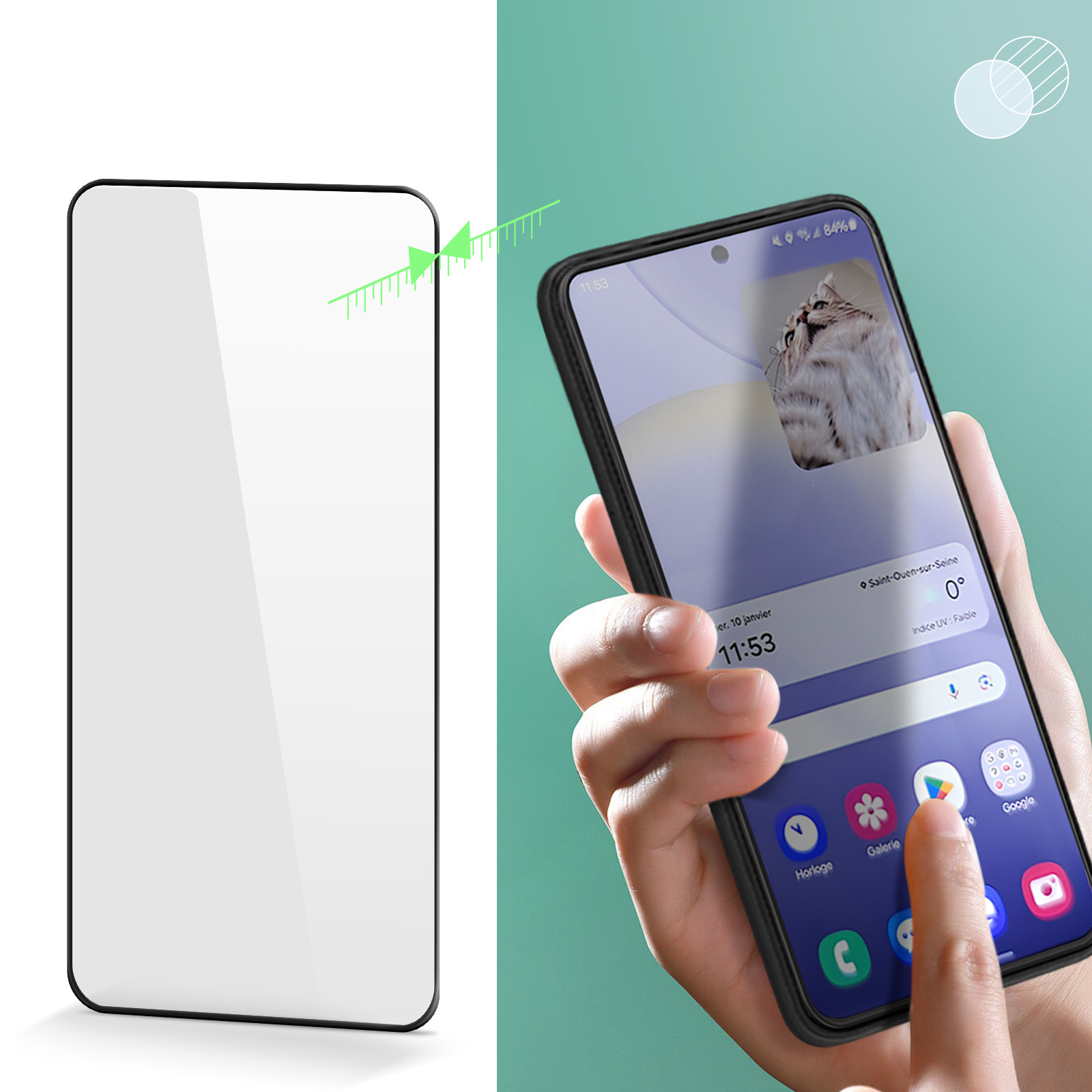 Un telefono con protezione schermo e un'immagine di un gatto sullo schermo. La protezione è a sinistra.