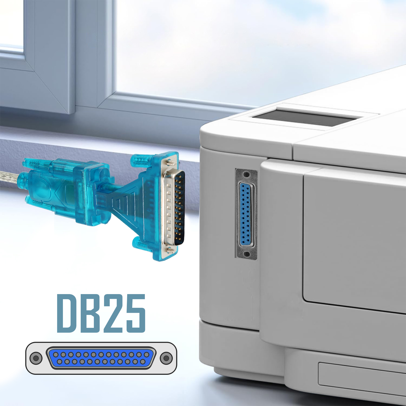 Connettore DB25 blu con porta stampante. Vengono mostrate la parola DB25 e la porta stampante.