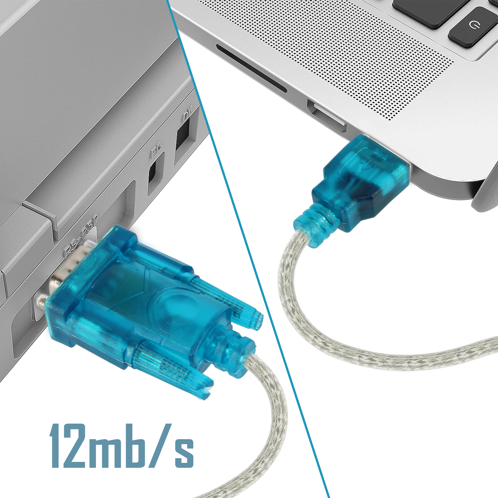 Due cavi USB blu collegati a un laptop. Il testo indica 12mb/s.