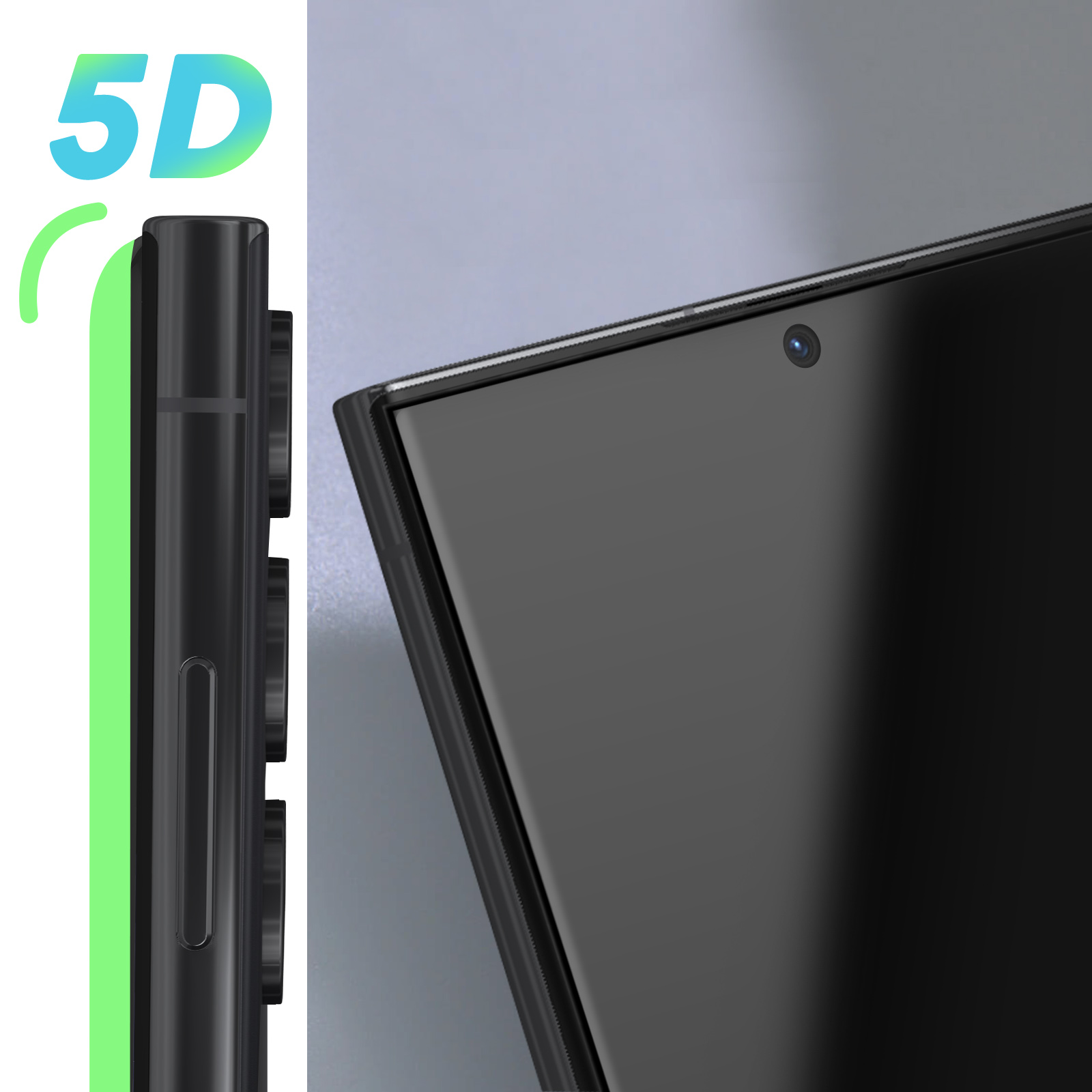 Telefono nero con testo 5D e una linea verde e una parte del telefono.