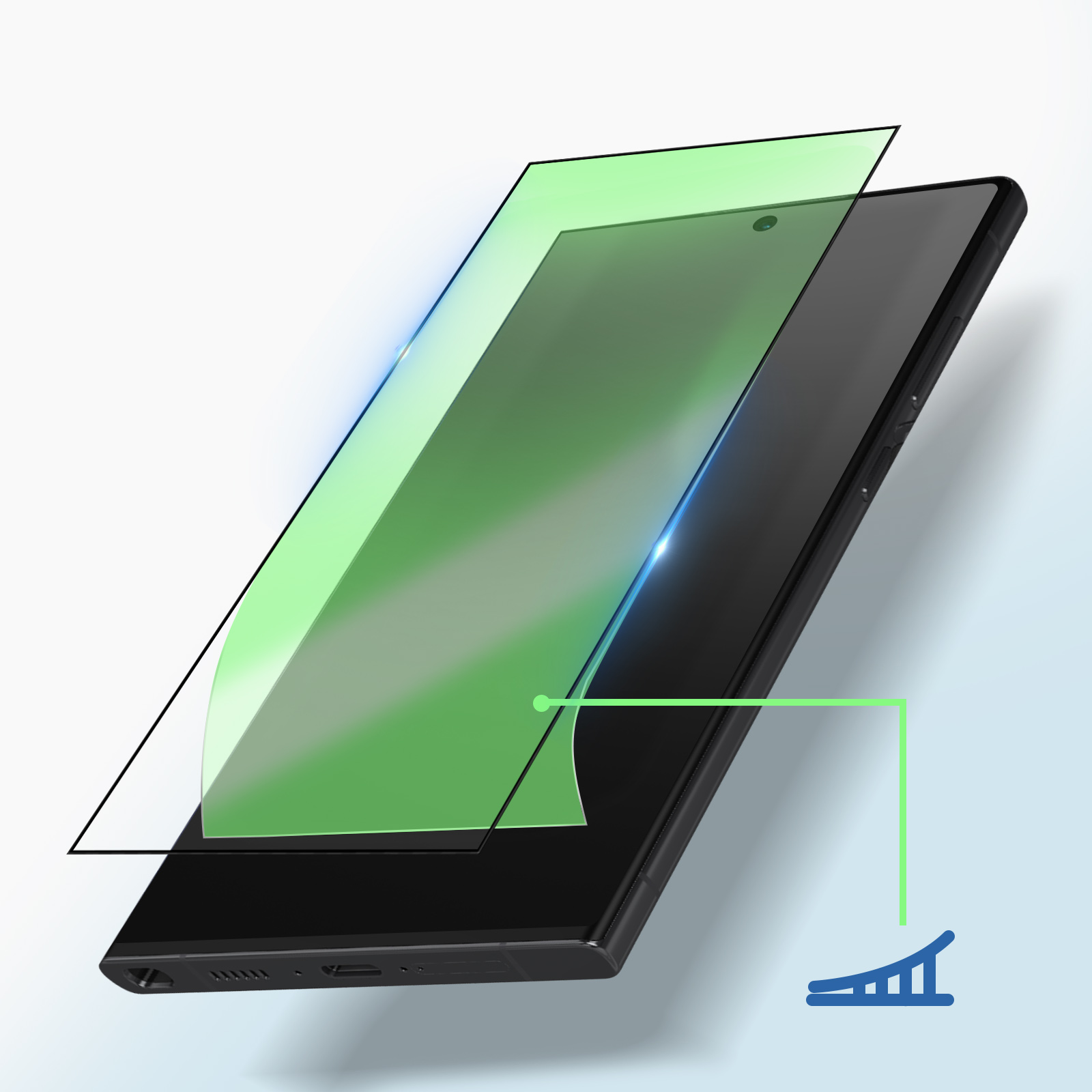 Uno smartphone nero con una protezione schermo verde in applicazione. Un grafico verde indica la potenza del segnale.