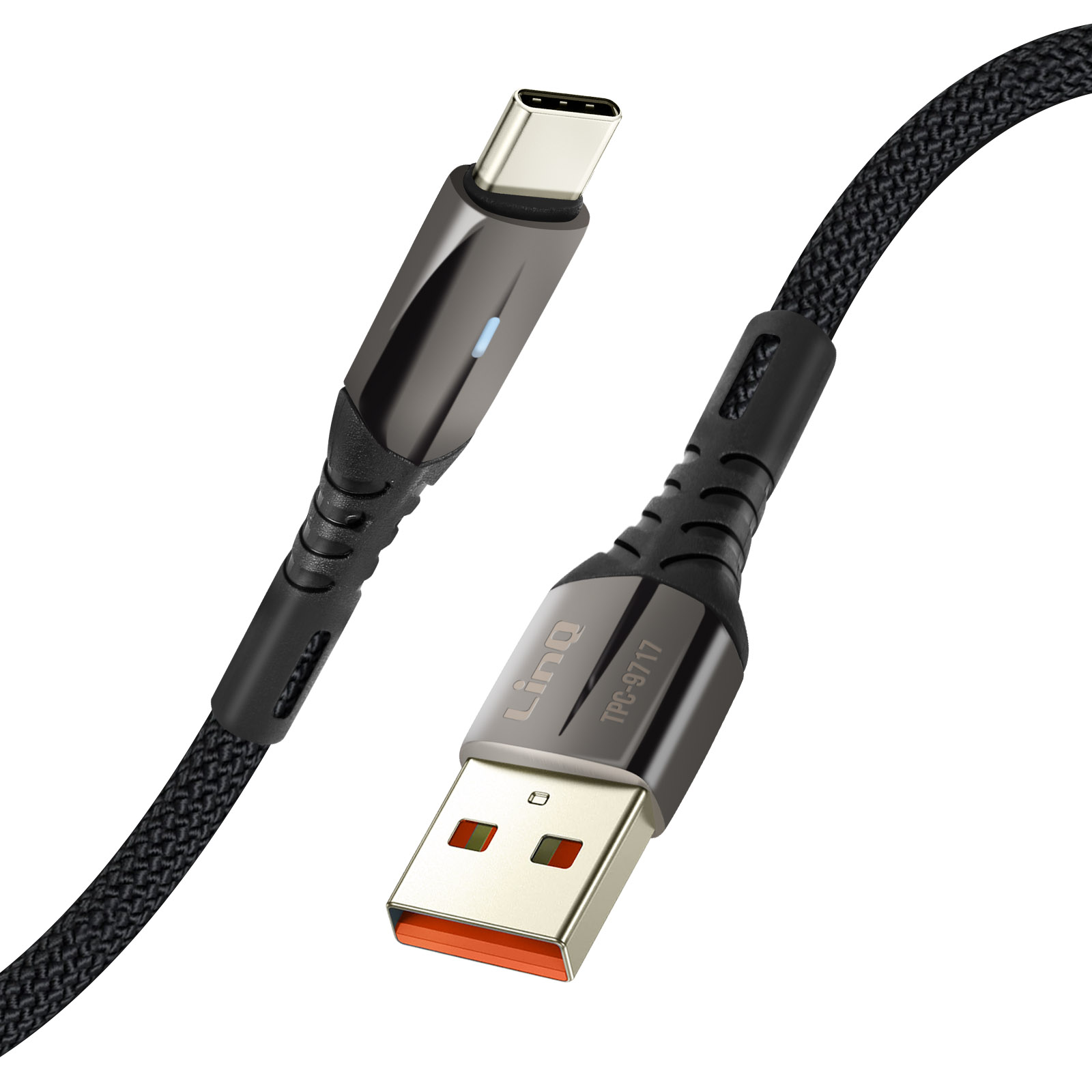 Cavo USB-C nero con connettori neri e grigi. Connettore USB-A rosso.