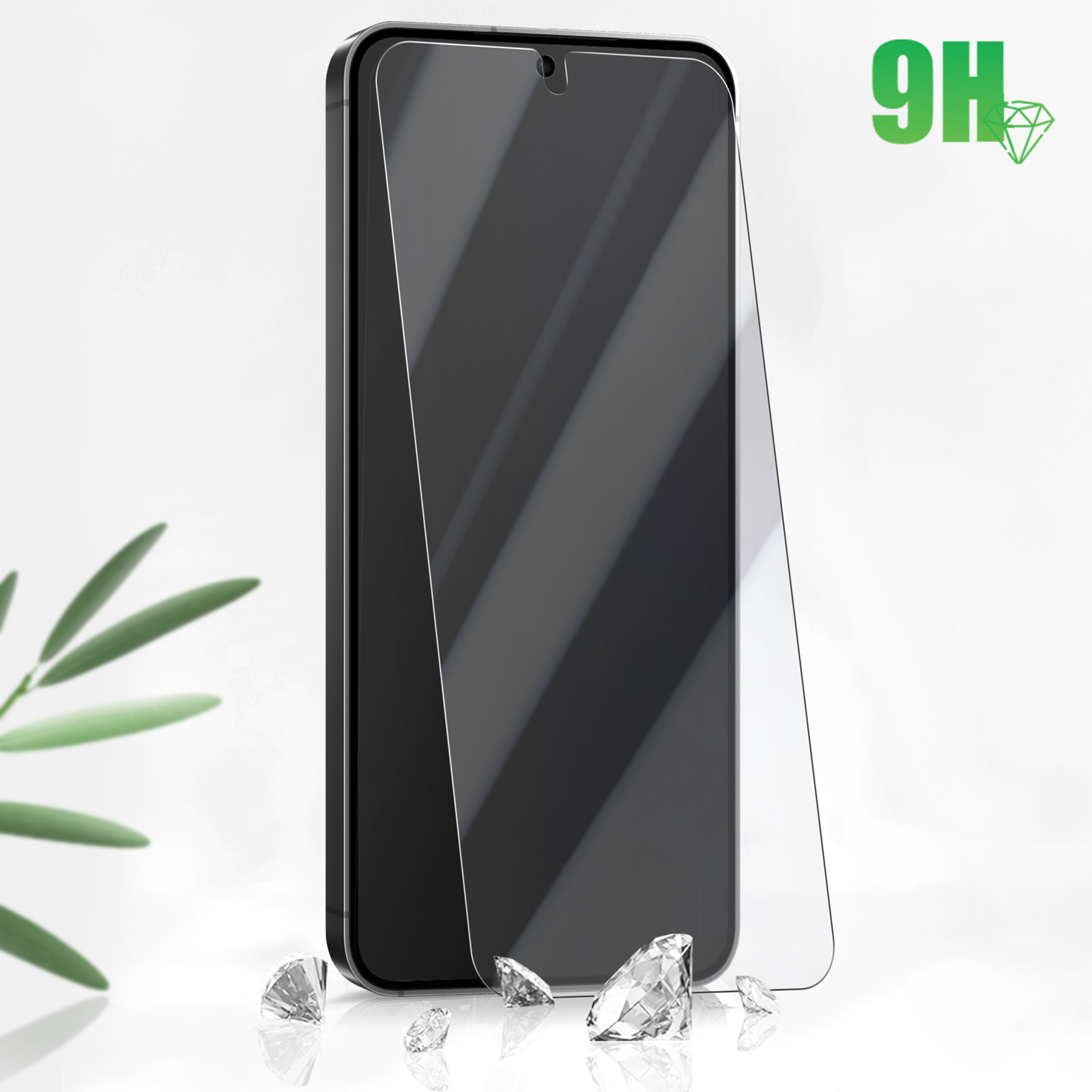 Proteggi schermo per telefono con un telefono e diamanti. Testo: 9H. La protezione dello schermo è trasparente.