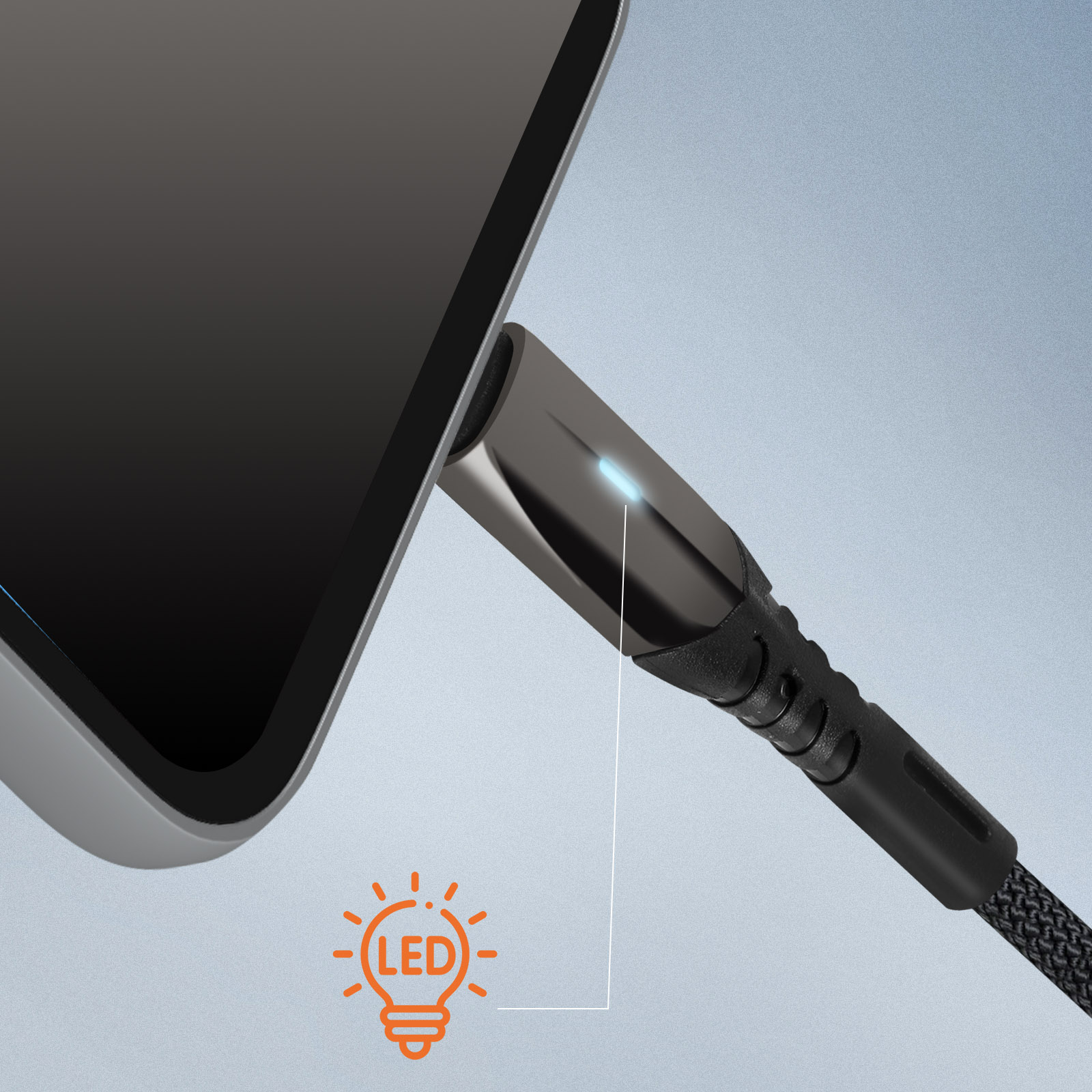 Cavo nero collegato a un telefono, con indicatore LED e icona della lampadina arancione.