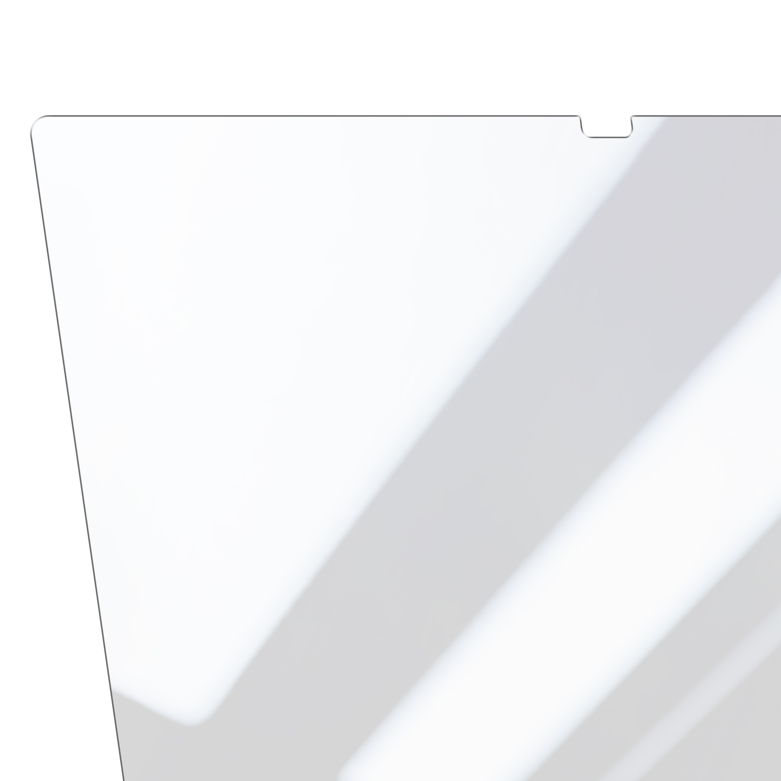 Un proteggi schermo trasparente su sfondo bianco con ombre, che mostra il bordo e l'angolo.