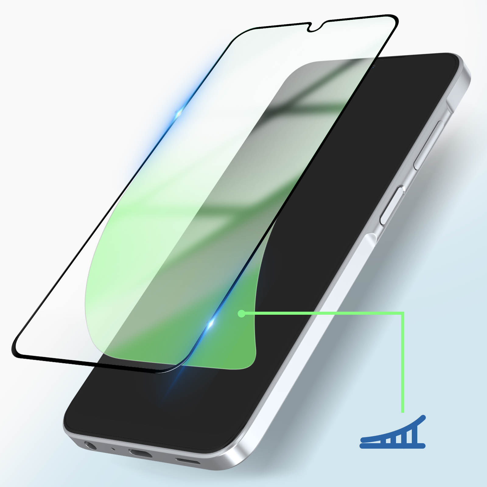 Un telefono con una protezione per lo schermo in fase di applicazione. Una freccia punta dalla protezione allo schermo.