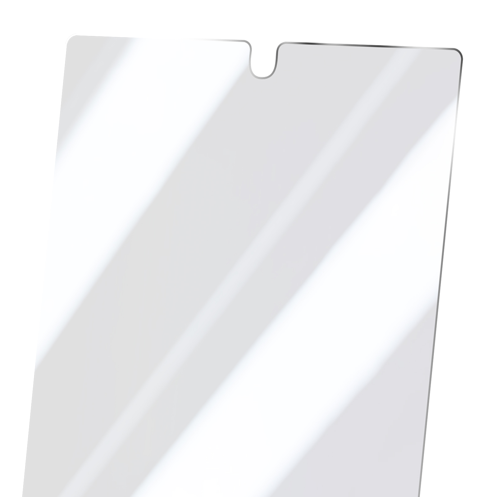 Un proteggi schermo trasparente con intaglio superiore, che riflette la luce, isolato su bianco.