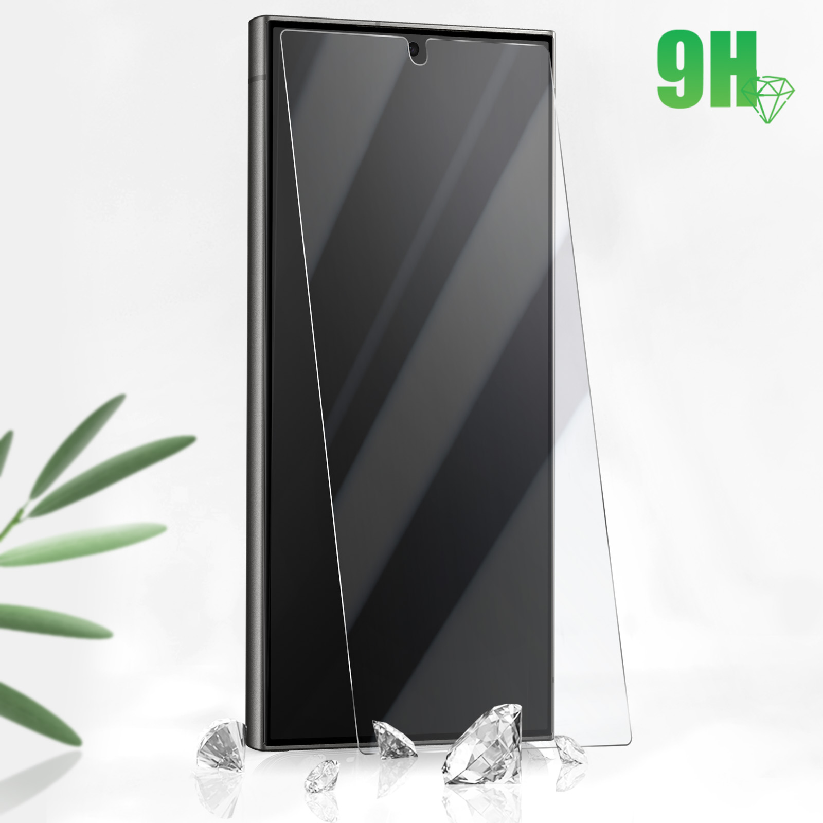 Pellicola protettiva per telefono con telefono e diamanti. Il protettore ha un adesivo 9H.