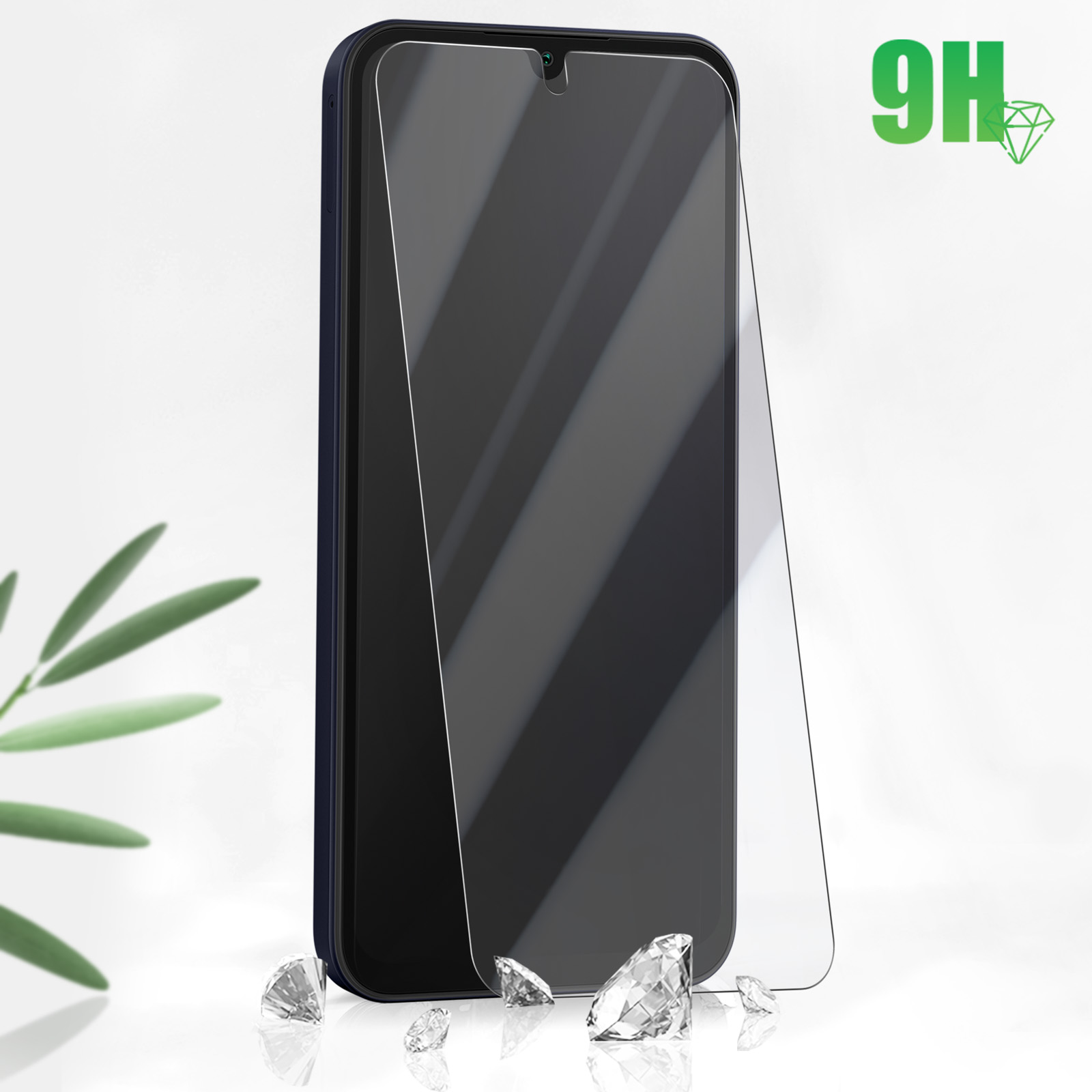 Telefono con protezione schermo applicata, con schegge di vetro e un segno 9H a diamante.