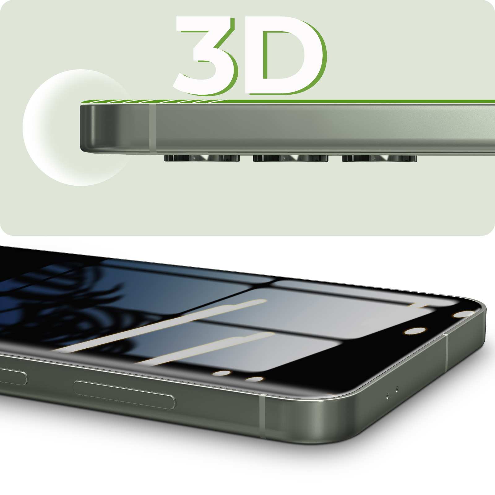 Telefono con protezione schermo 3D e sfondo bianco. I bordi sono verdi.
