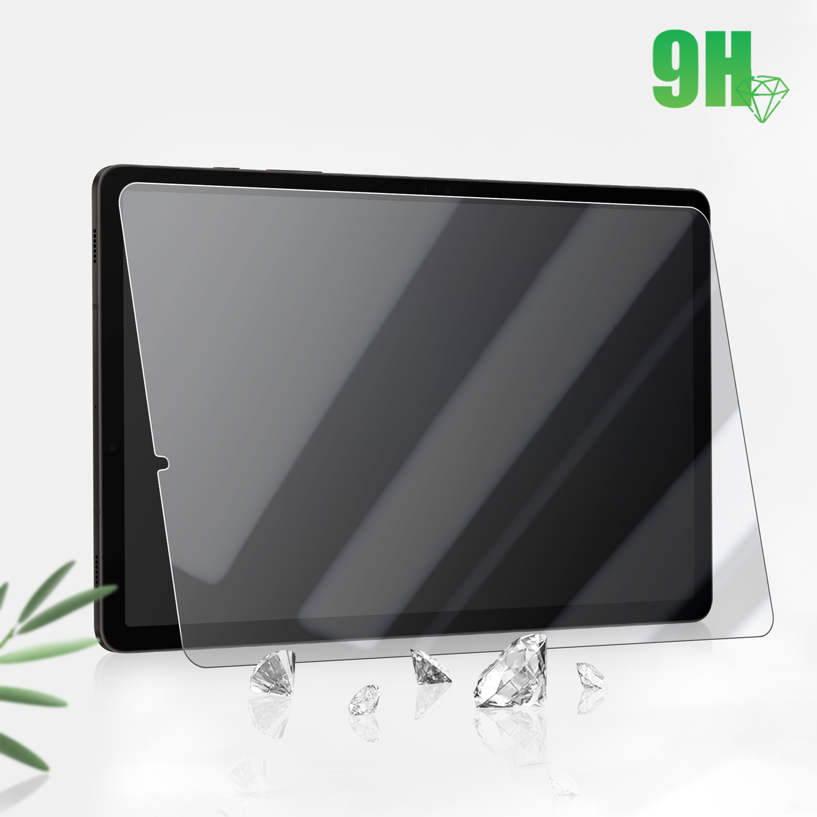 Tablet met schermbeschermer. De tablet is zwart. Gebroken glasscherven liggen op het oppervlak.