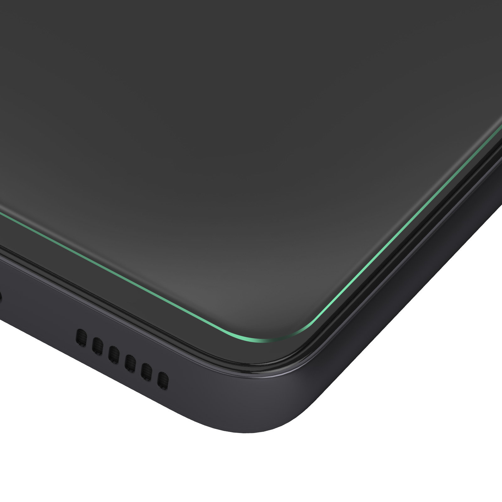 Primo piano di una custodia nera per telefono, che mostra il bordo con un bordo verde e fori per l'altoparlante.