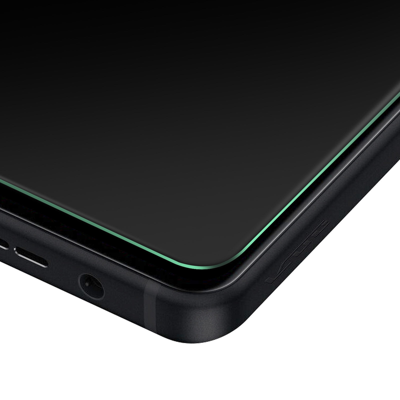 Dettaglio bordo smartphone nero, protezione schermo applicata.
