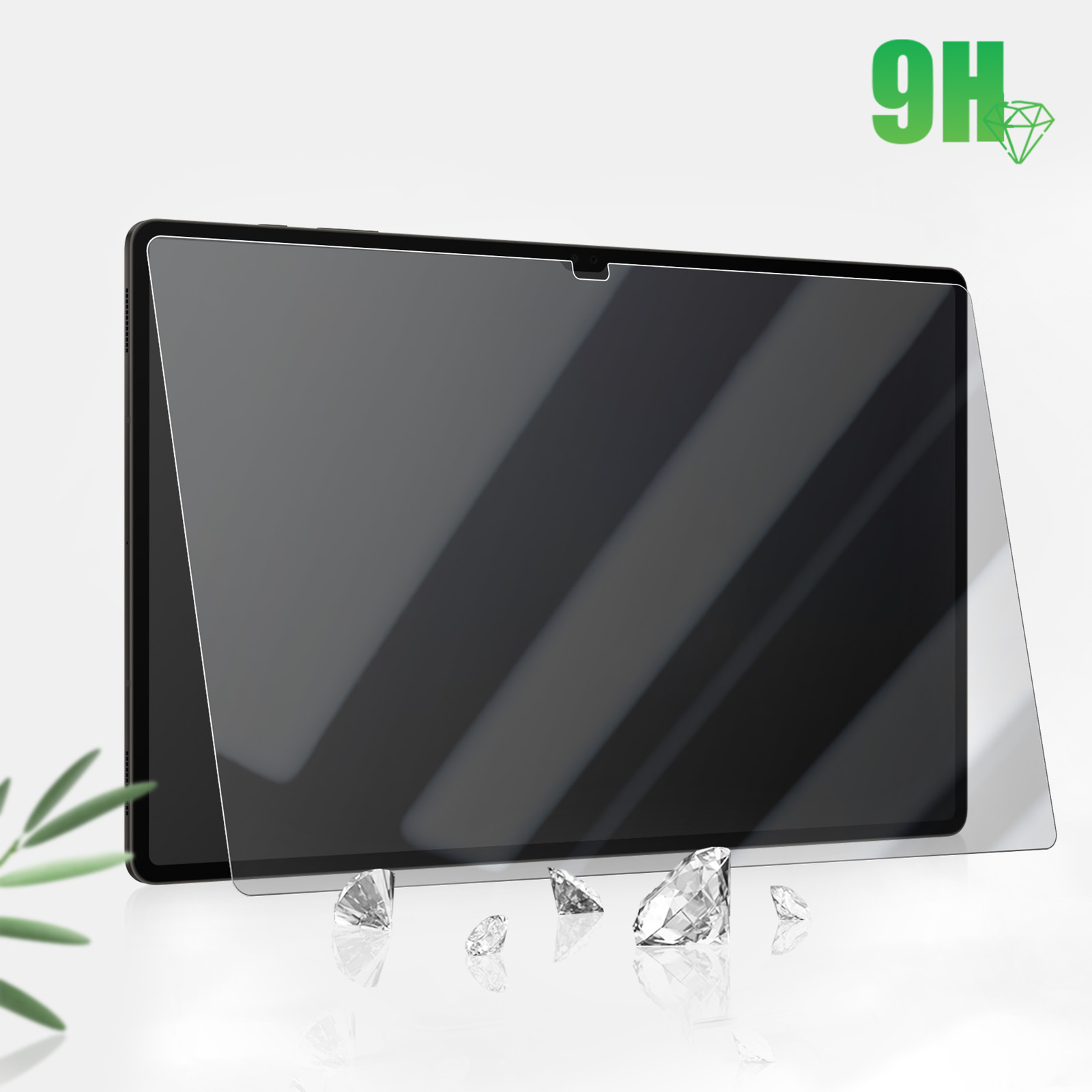 Tablet con protezione schermo e testo 9H. Diamante e vetro rotto sono mostrati.