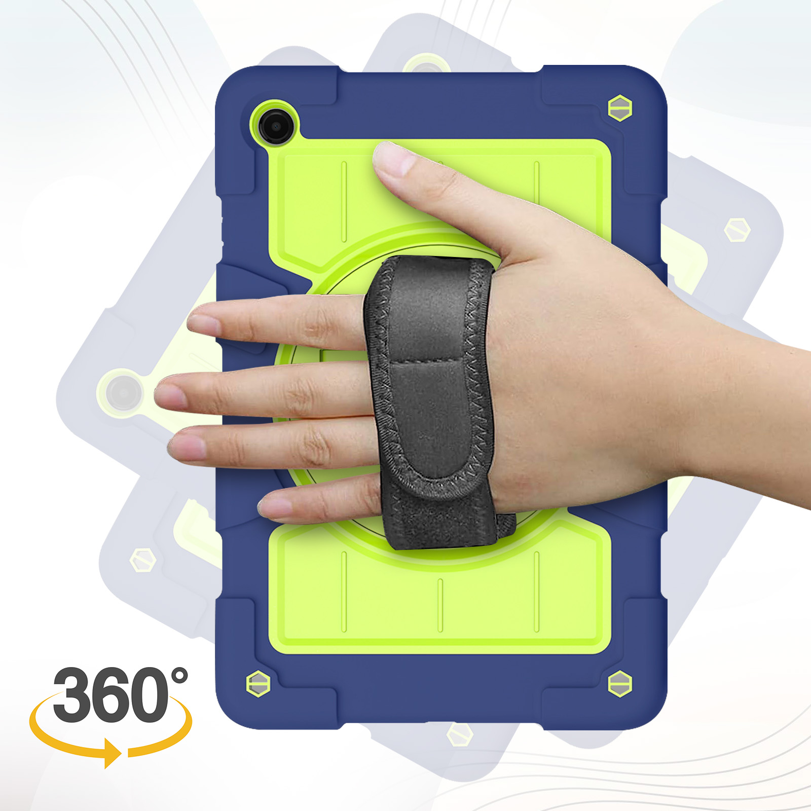 Ein Tablet in einer blau-grünen Hülle, gehalten von einer Hand mit einer 360-Grad-Rotationsgrafik.