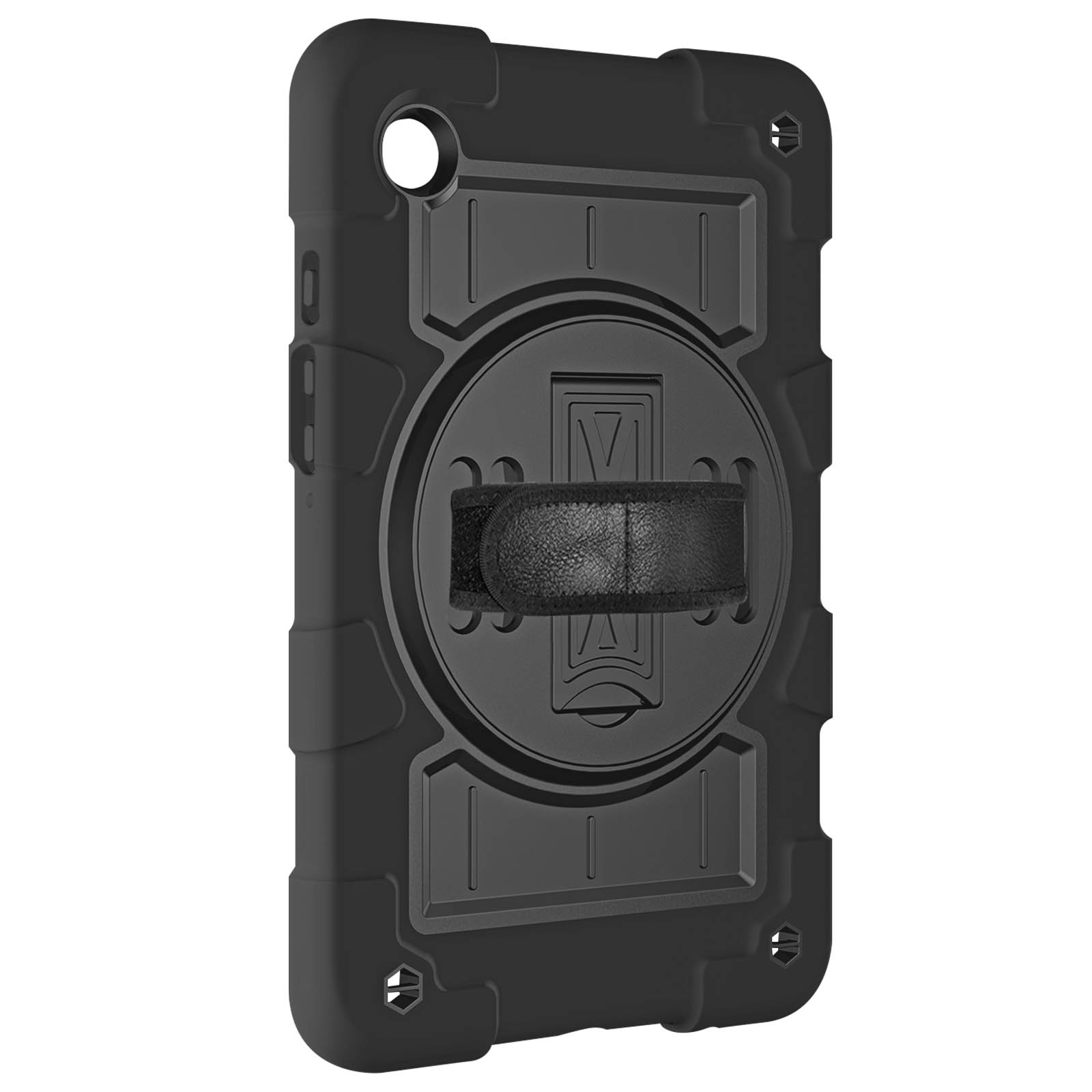 Eine schwarze Tablethülle mit Handschlaufe und schützendem Design.